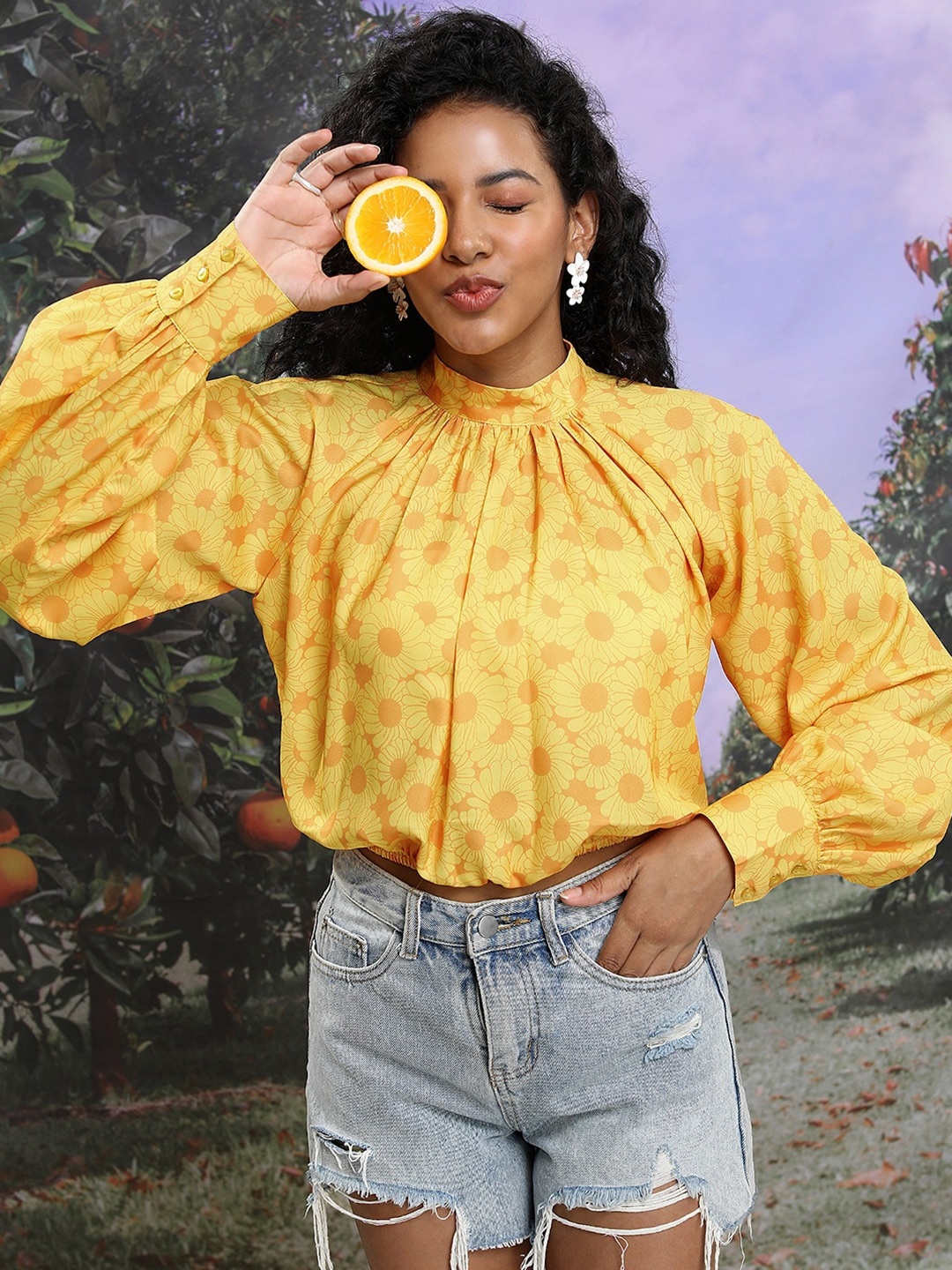 

Tokyo Talkies Yellow Floral Printed High Neck Bishop Sleeves Blouson Crop Top