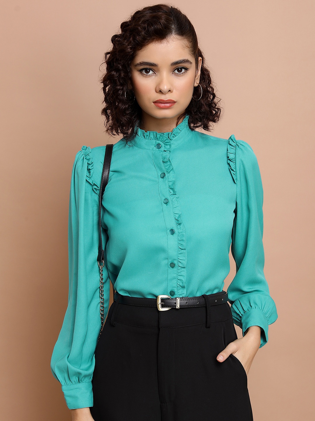 

Tokyo Talkies Sea Green Cuffed Sleeves Ruffled Shirt Style Top