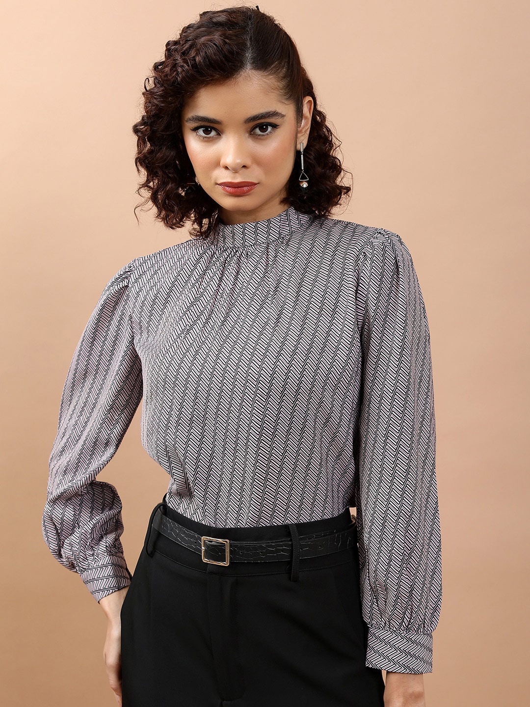 

Tokyo Talkies White & Black Geometric Printed High Neck Cuffed Sleeves Top