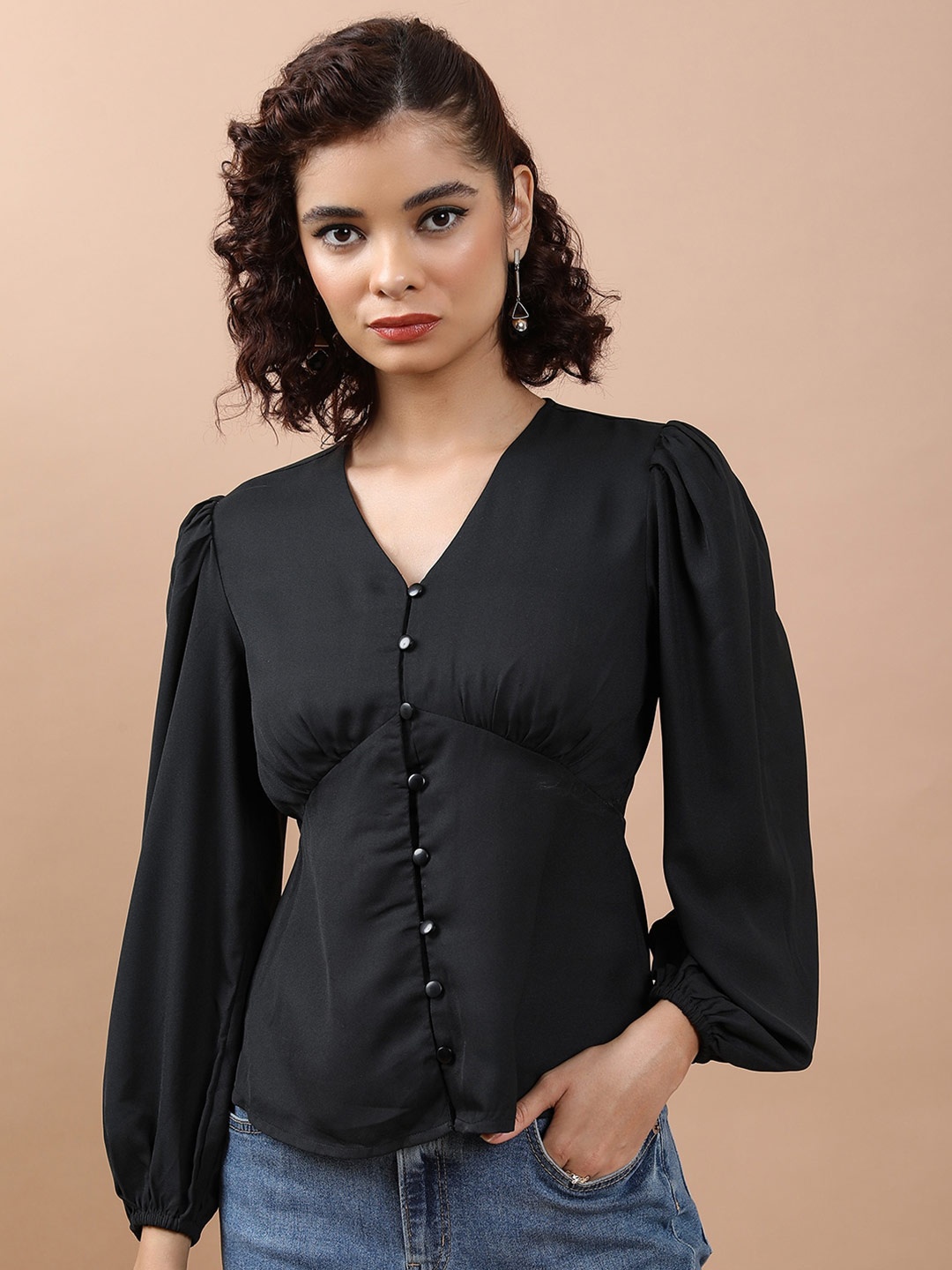

Tokyo Talkies V Neck Puff Sleeve Shirt Style Top, Black