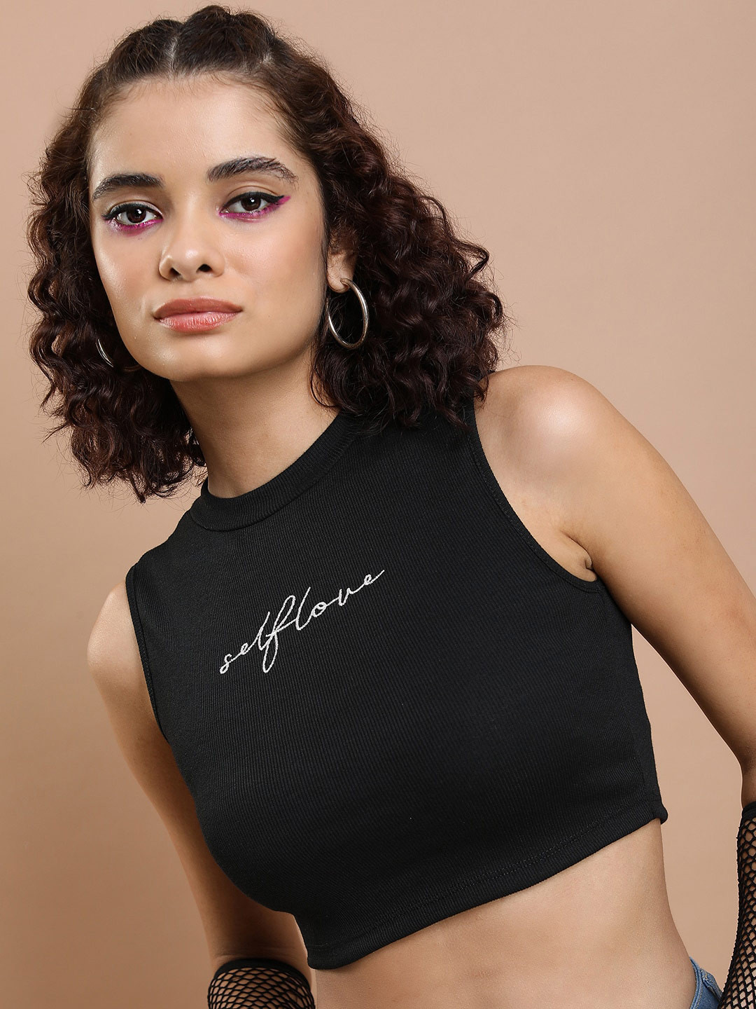 

Tokyo Talkies Typography Printed Fitted Crop Top, Black