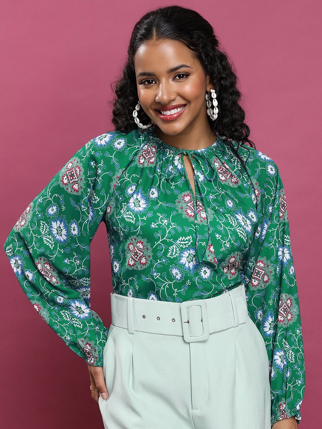 

Tokyo Talkies Green & White Floral Printed Tie-Up Neck Extended Sleeves Top