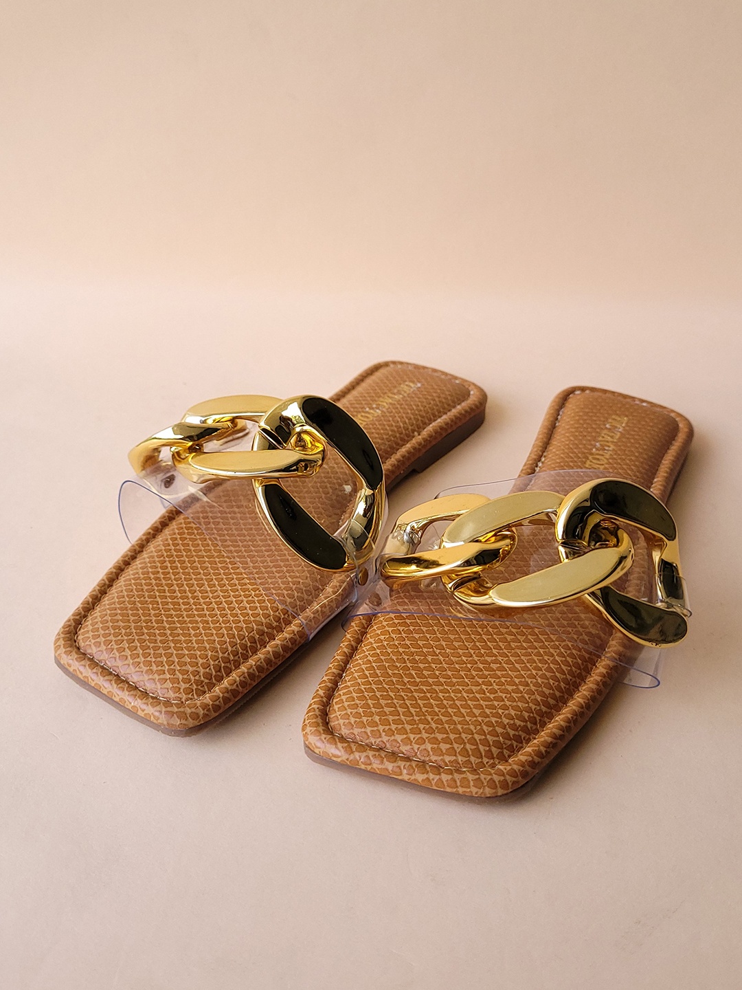 

TIC TAC TOE Women Embellished Open Toe Flats, Tan