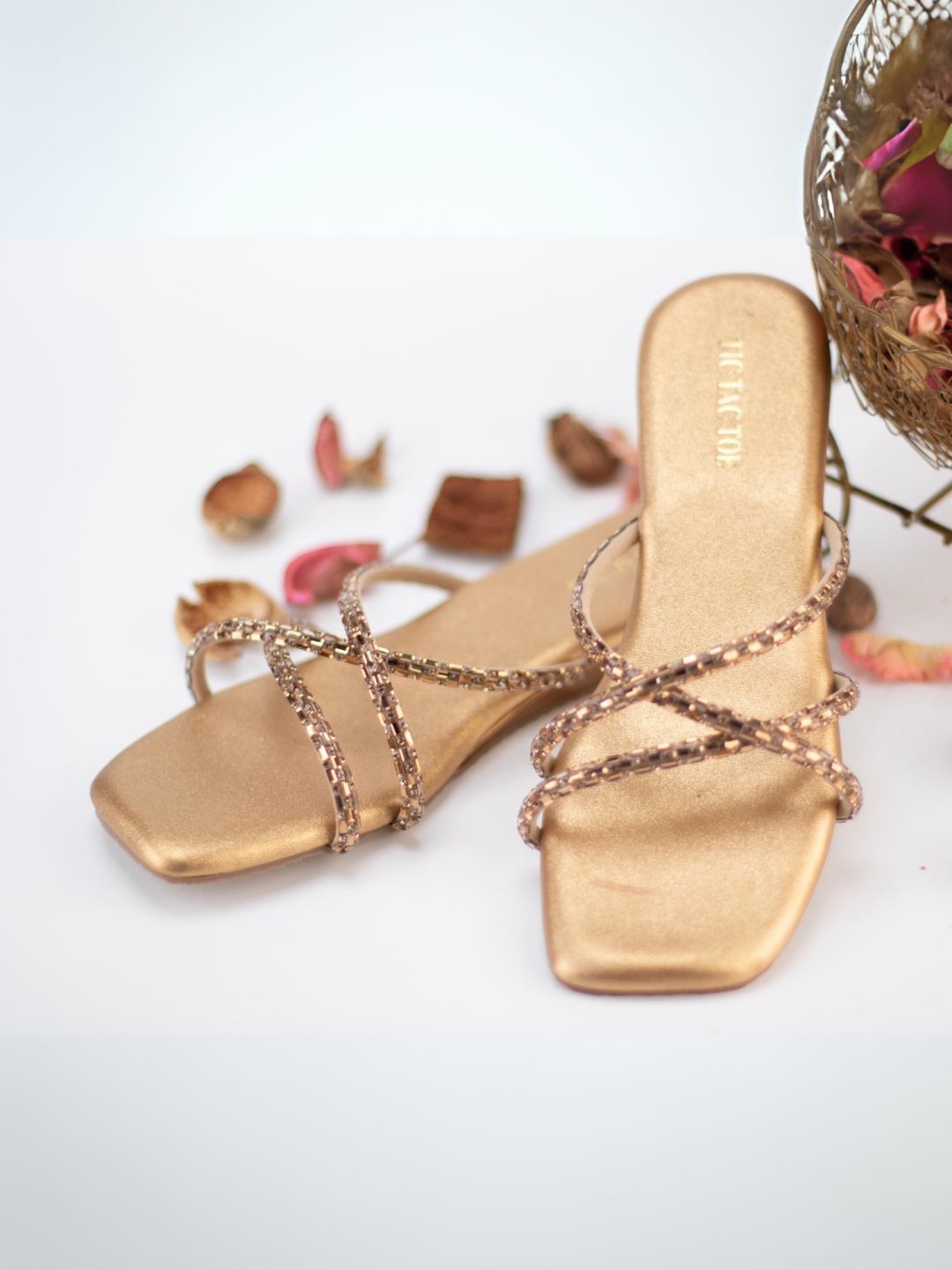 

TIC TAC TOE Braided Open Toe Flats, Gold