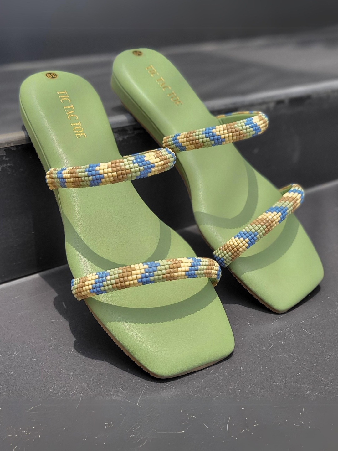 

TIC TAC TOE Embellished Open Toe Flats, Green