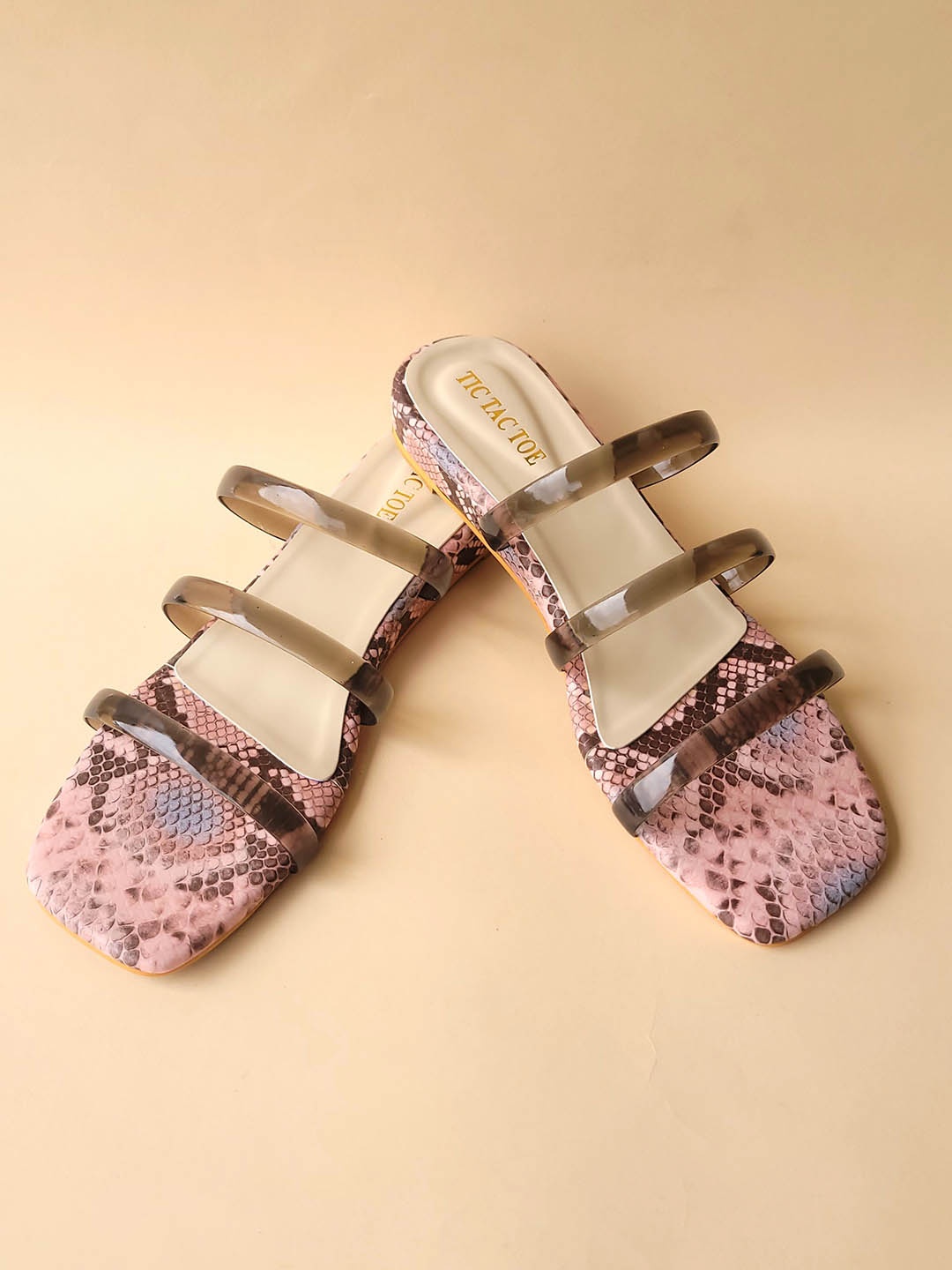 

TIC TAC TOE Printed Open Toe Flats, Nude