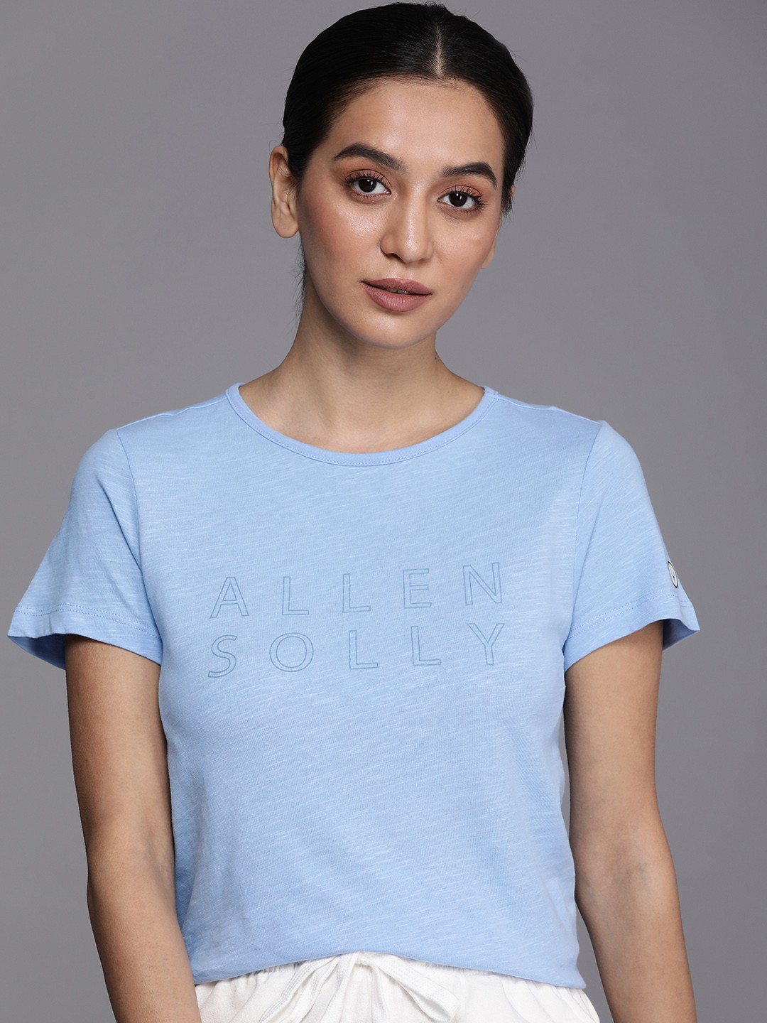 

Allen Solly Woman Brand Logo Printed Pure Cotton T-shirt, Blue