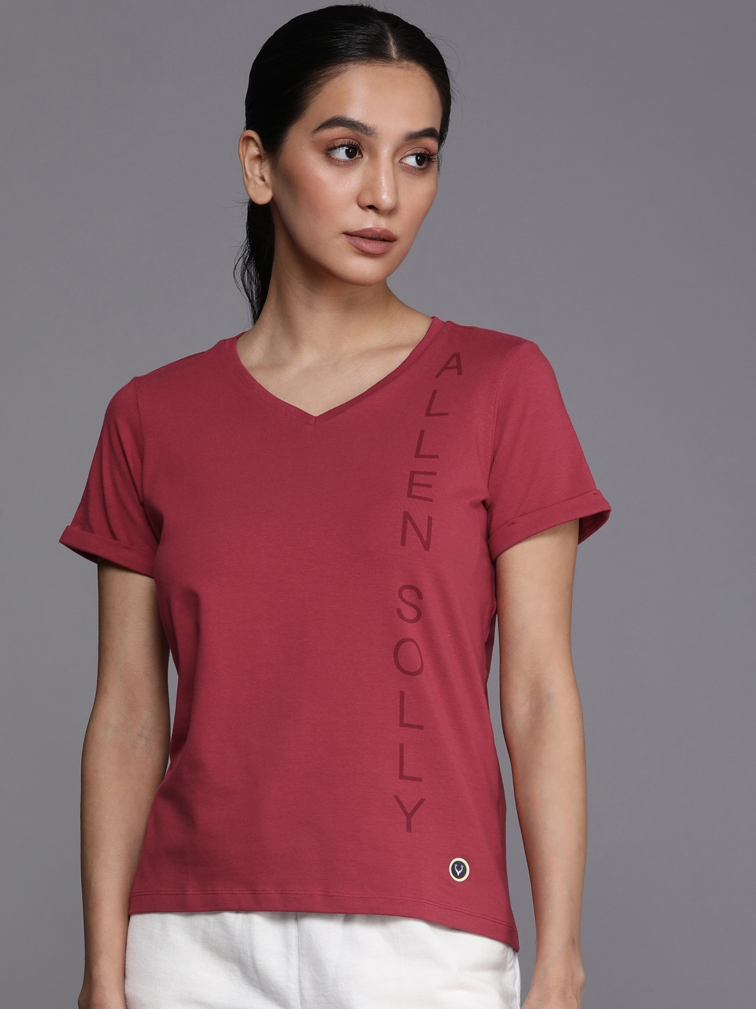 

Allen Solly Woman Brand Logo Printed V-Neck T-shirt, Red