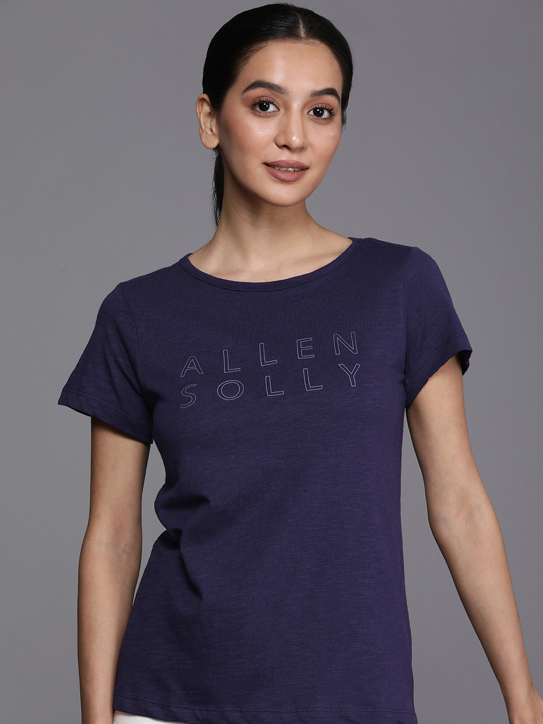 

Allen Solly Woman Brand Logo Pure Cotton Applique T-shirt, Navy blue