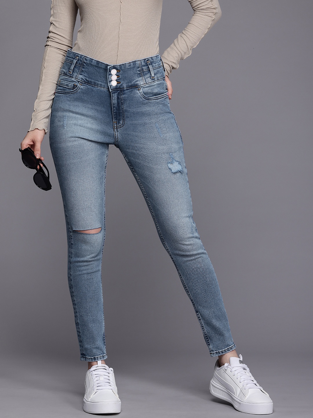 

Allen Solly Woman Slim Fit Slash Knee Heavy Fade Stretchable Jeans, Blue