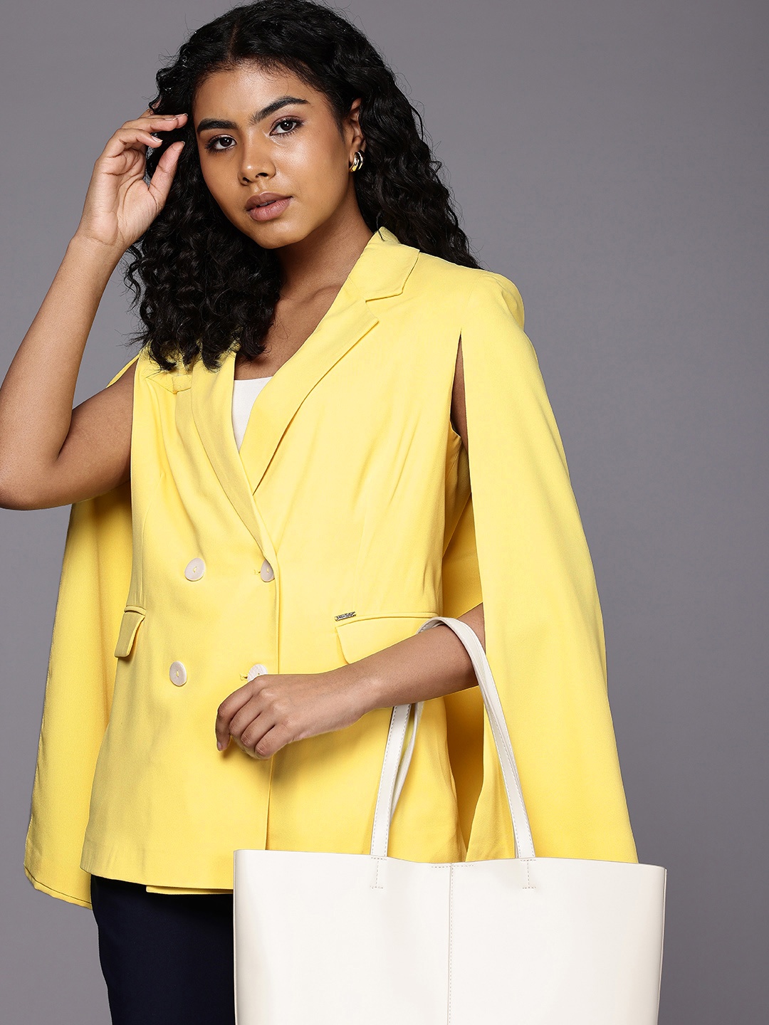 

Allen Solly Woman Notched Lapel Collar Double-Breasted Cape Sleeves Formal Blazer, Yellow