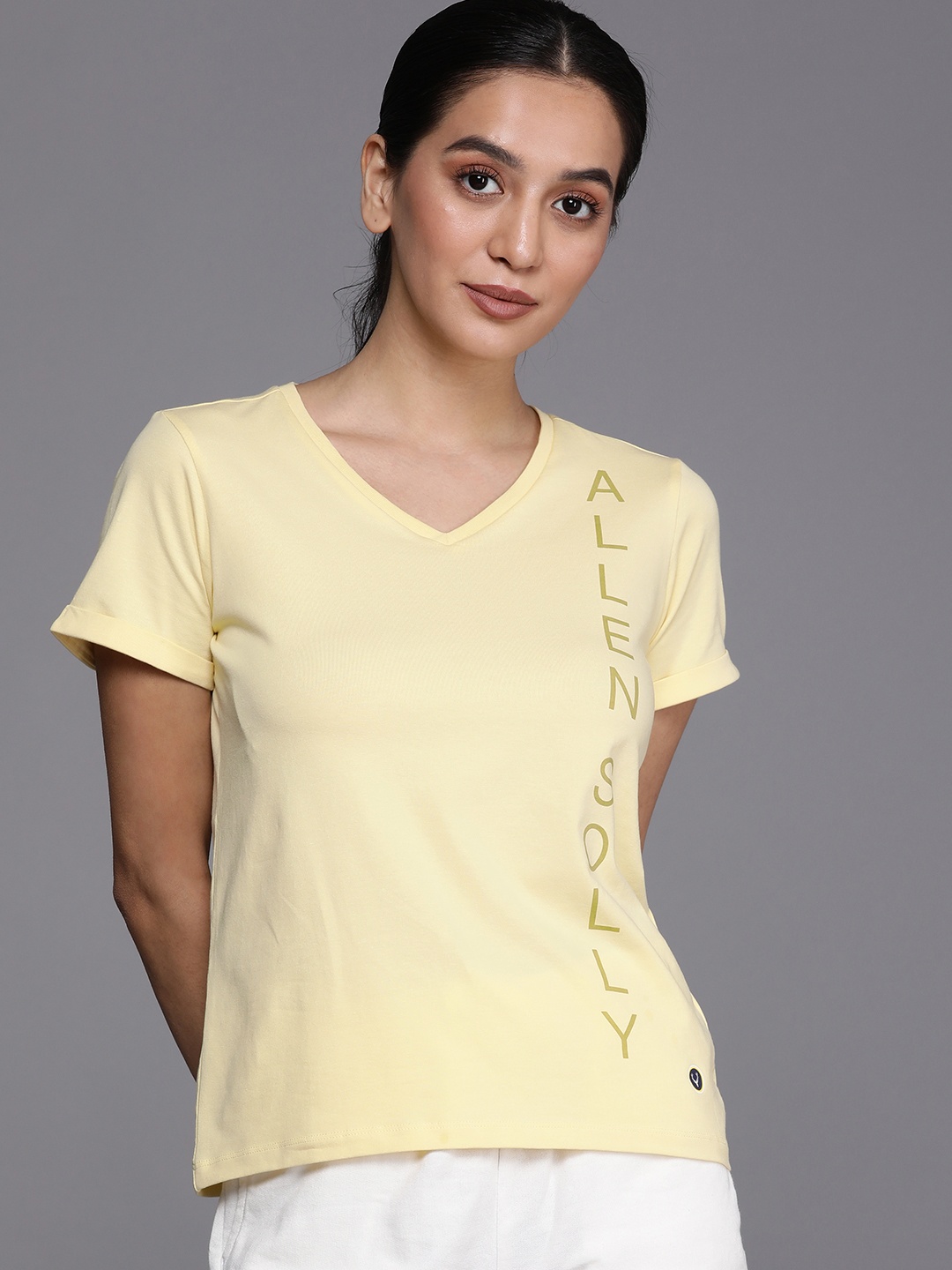 

Allen Solly Woman Brand Logo Printed V-Neck T-shirt, Yellow