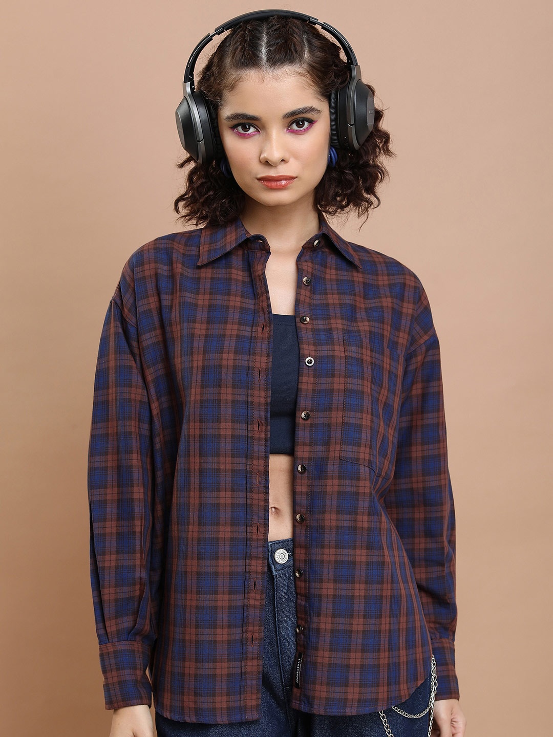 

Tokyo Talkies Tartan Checked Oversized Casual Shirt, Brown