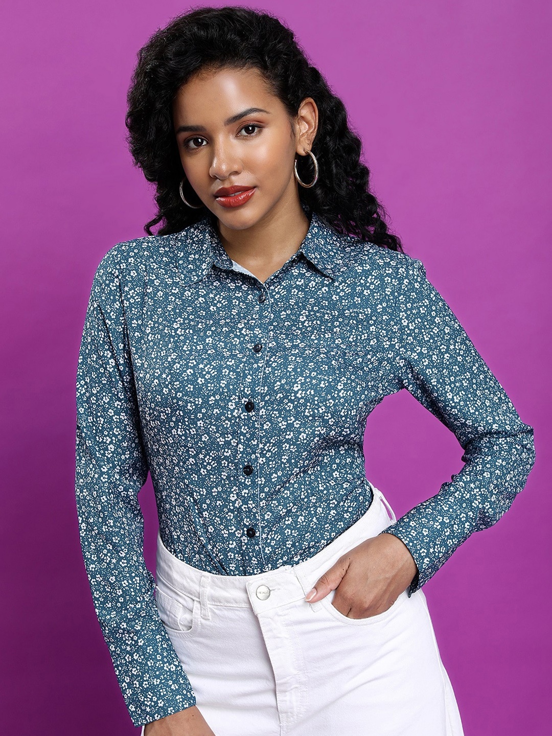 

Tokyo Talkies Slim Fit Floral Printed Casual Shirt, Teal