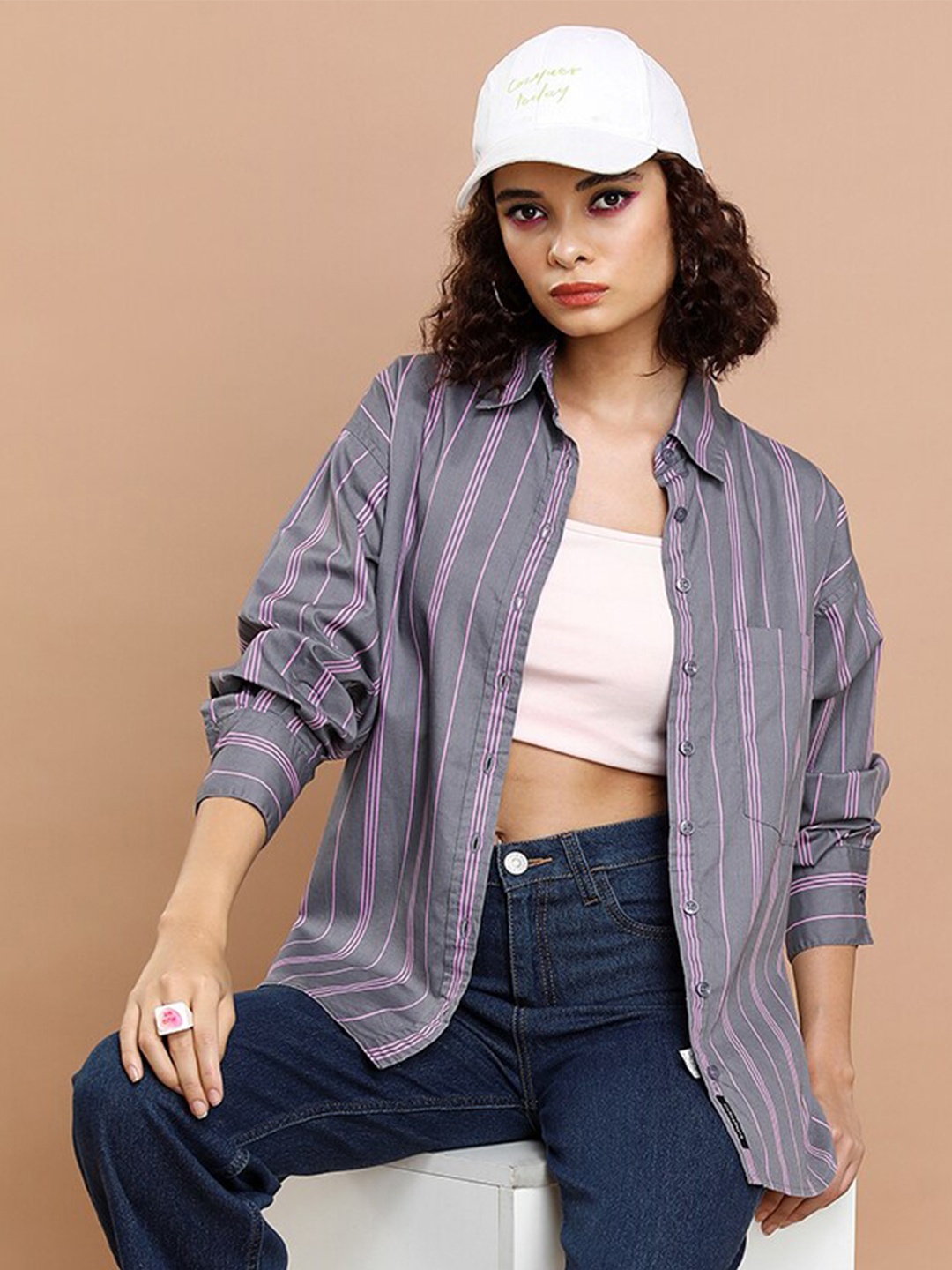 

Tokyo Talkies Vertical Stripes Cotton Oversized Casual Shirt, Grey