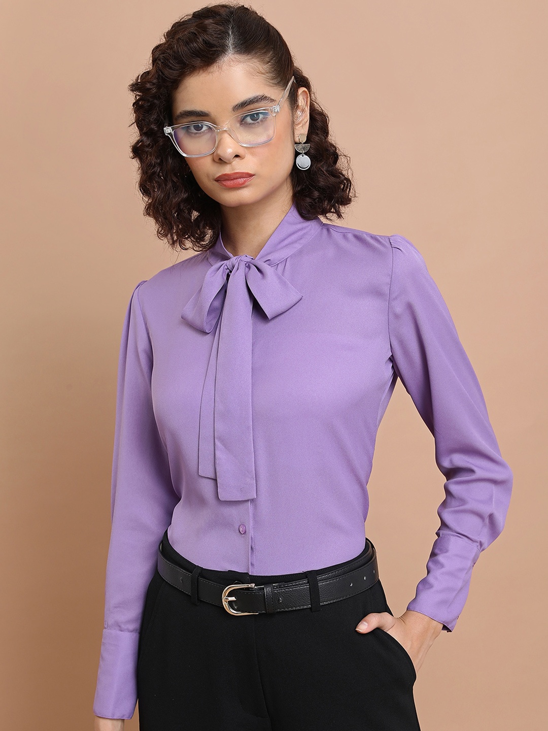 

Tokyo Talkies Tie Up Neck Puff Sleeves Casual Shirt Style Top, Purple