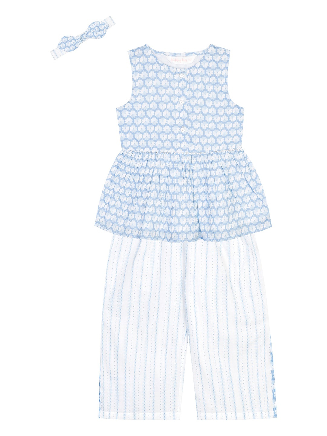 

Budding Bees Girls Printed Round Neck Sleeveless Pure Cotton Top with Palazzos, Blue