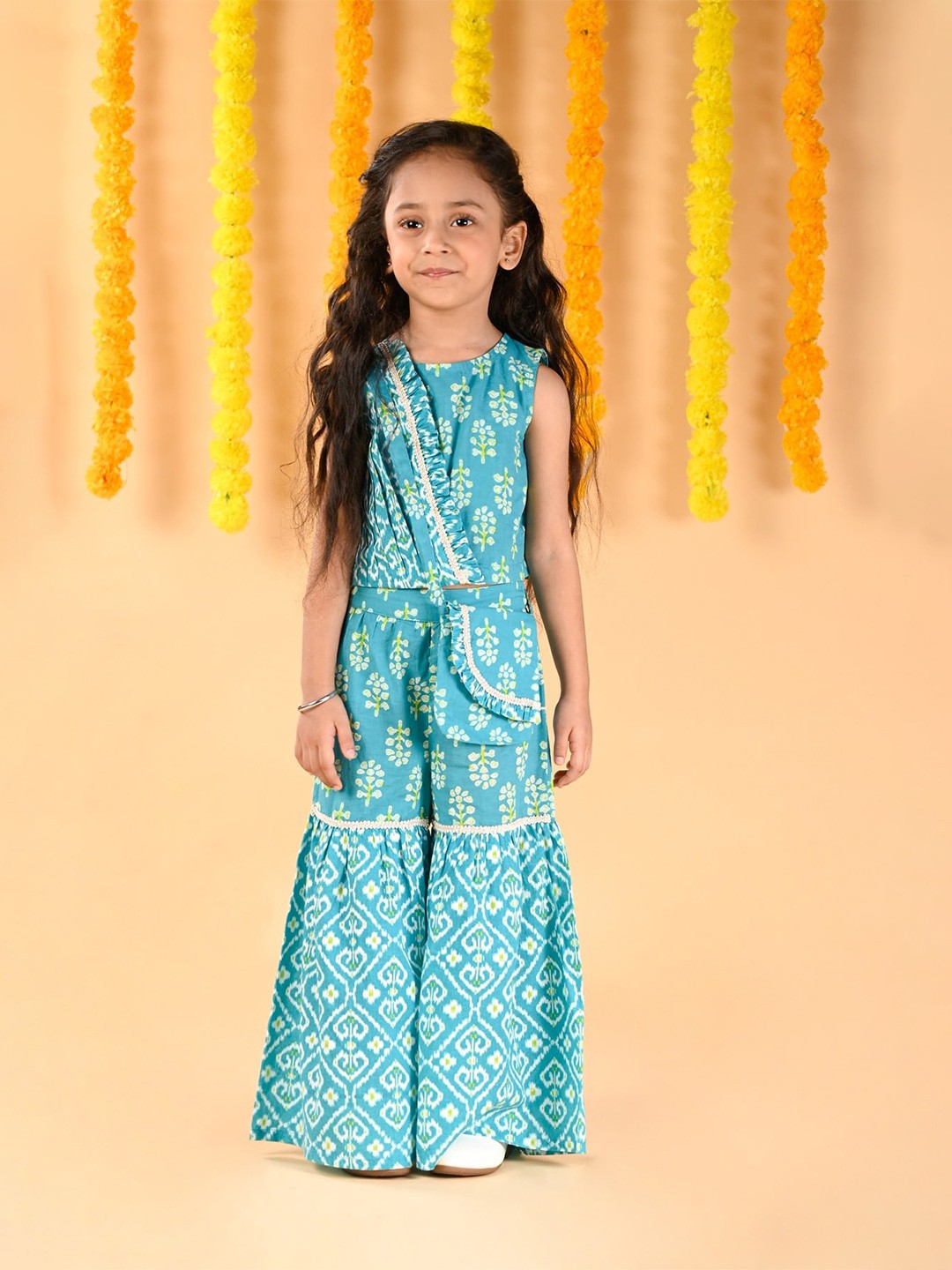 

Budding Bees Girls Ethnic Motifs Printed Pure Cotton Top With Palazzos, Blue