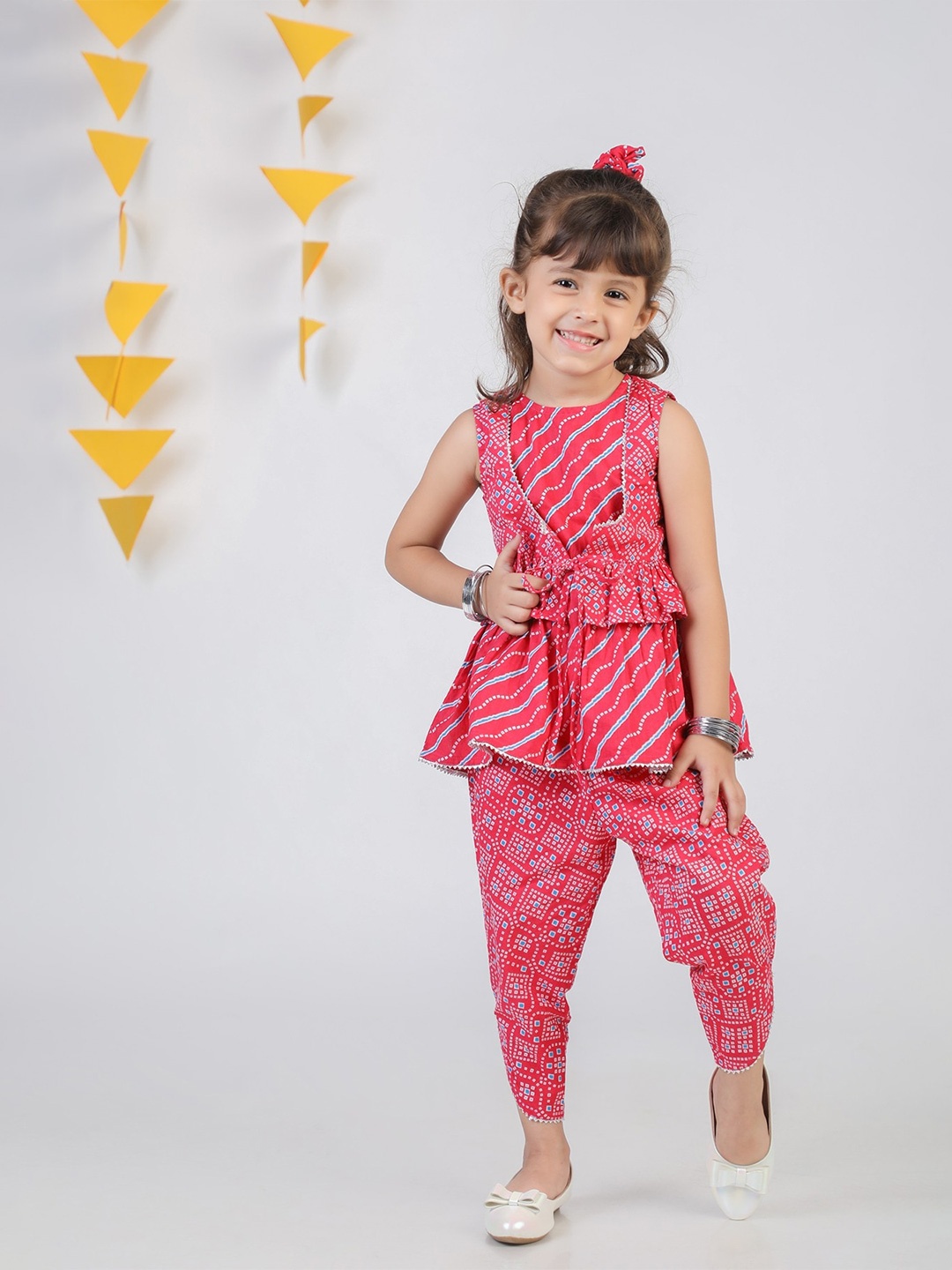 

Budding Bees Girls Printed Round Neck Sleeveless Top with Dhoti Pants With Waistcoat, Pink