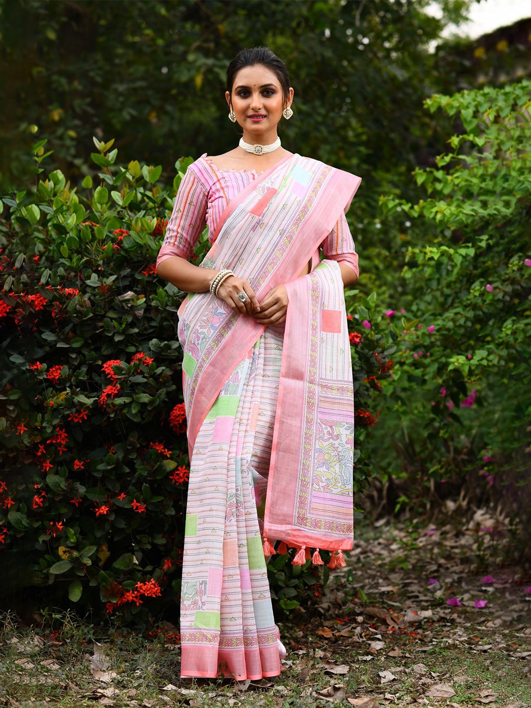 

VISHNU WEAVES Floral Printed Zari Pure Linen Jamdani Saree, Pink