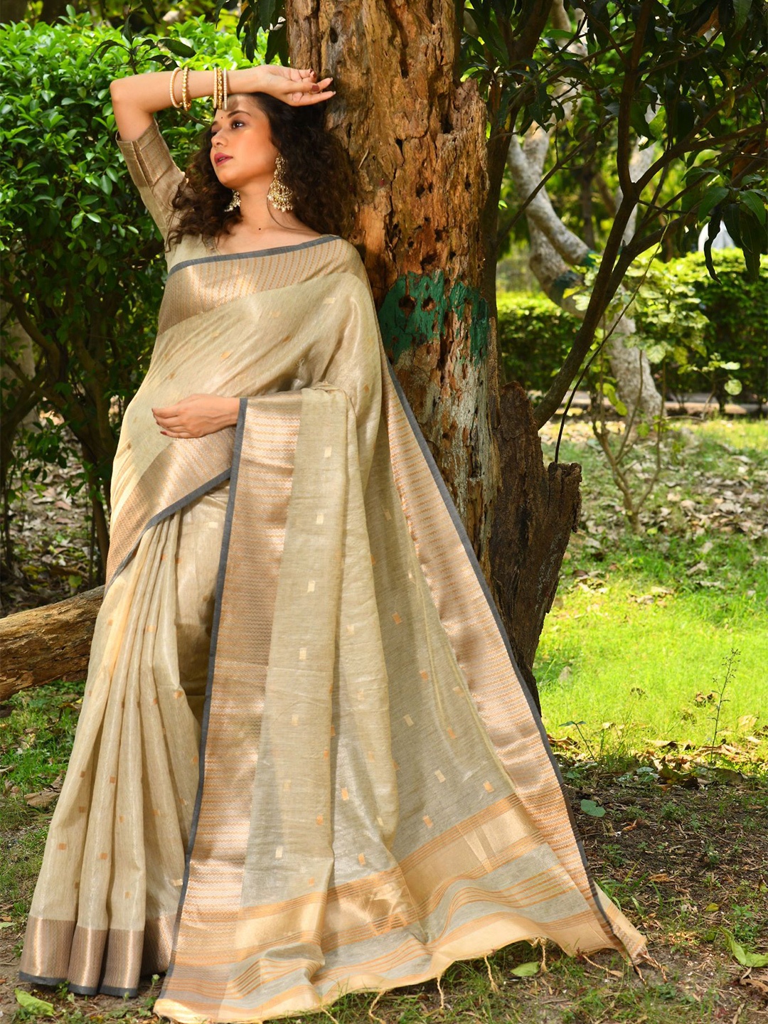 

VISHNU WEAVES Ethnic Motifs Woven Design Zari Saree, Beige