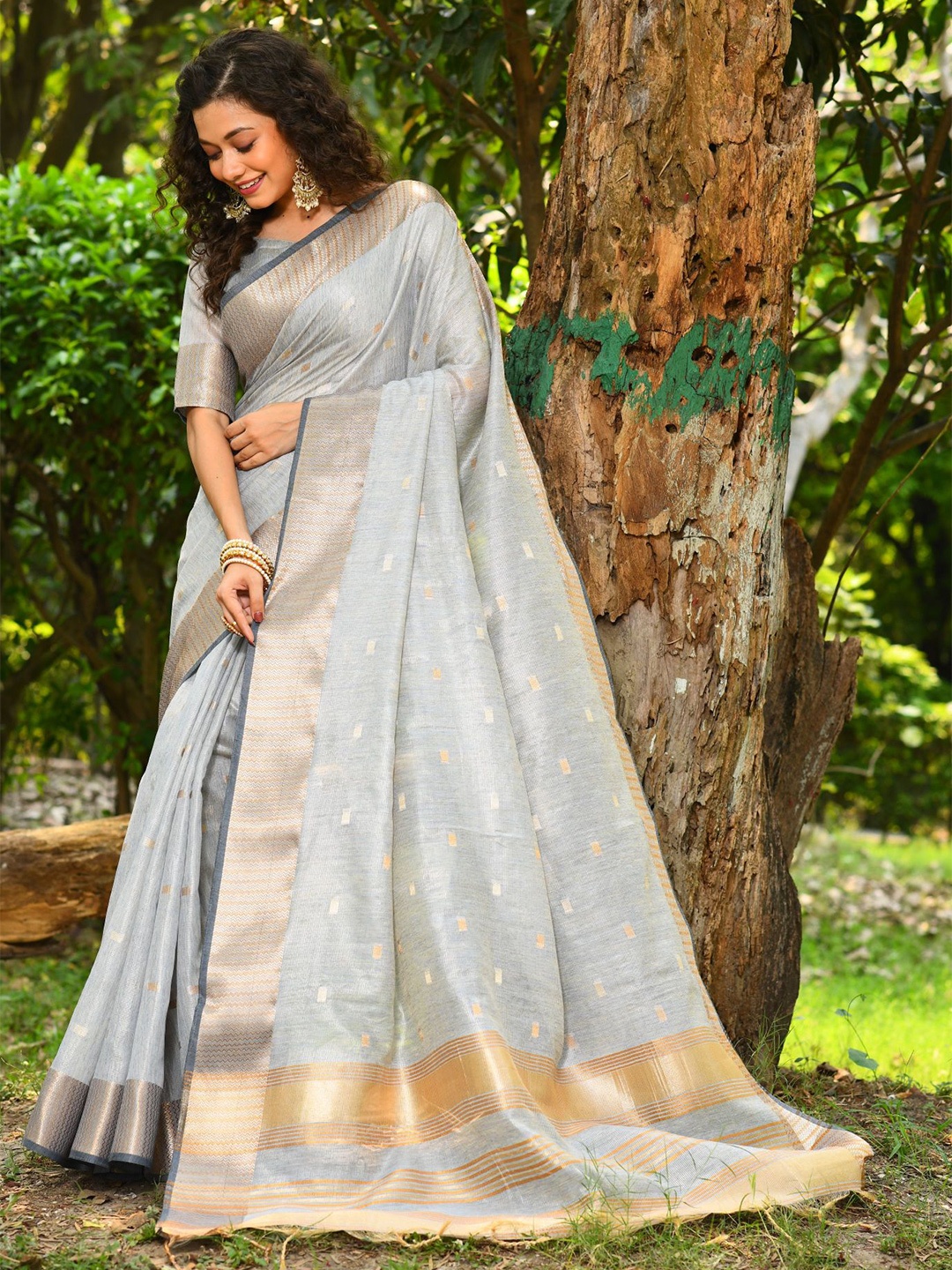 

VISHNU WEAVES Ethnic Motifs Woven Design Zari Saree, Grey