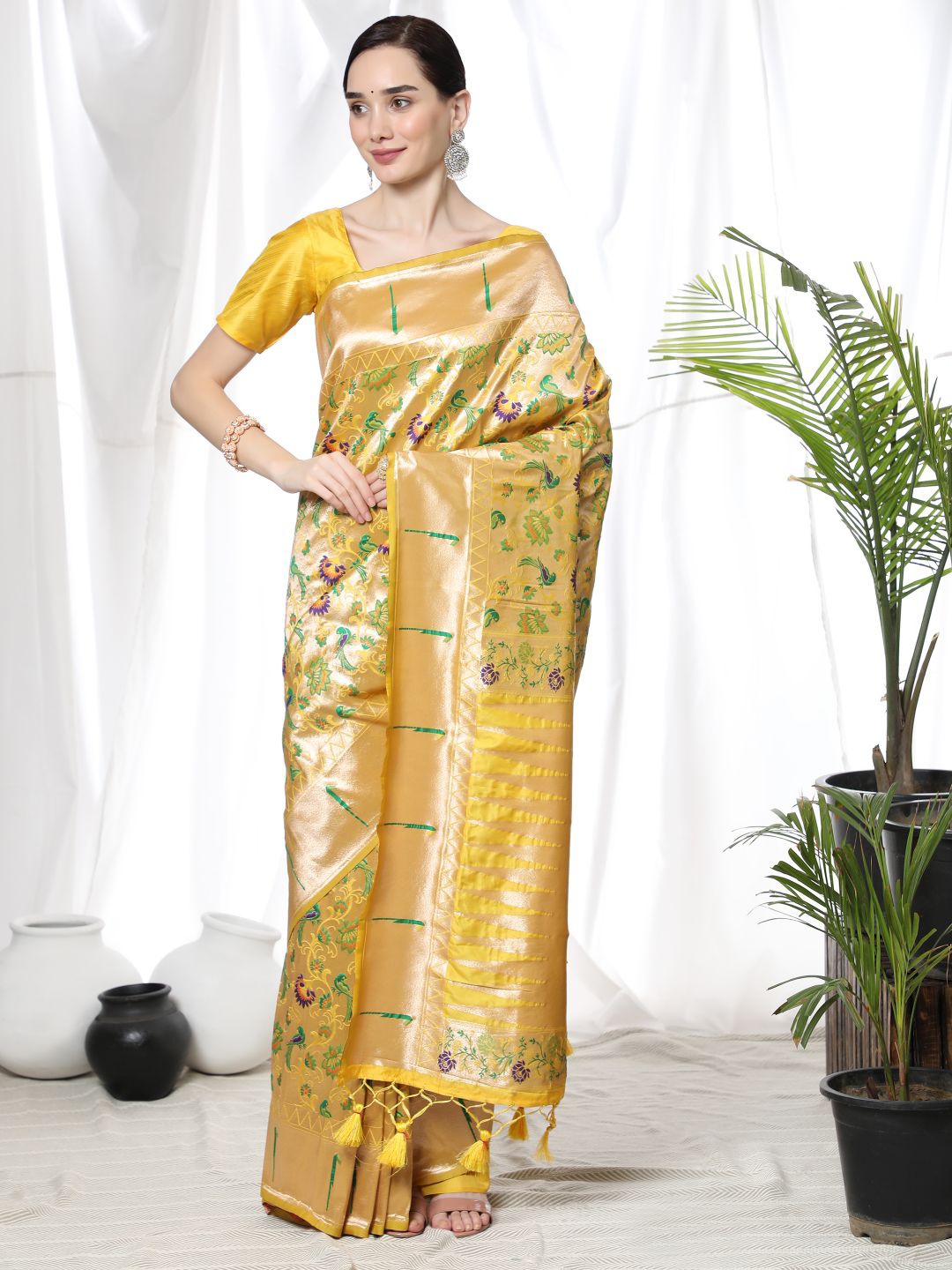 

VISHNU WEAVES Ethnic Motifs Woven Design Zari Pure Silk Paithani Saree, Yellow