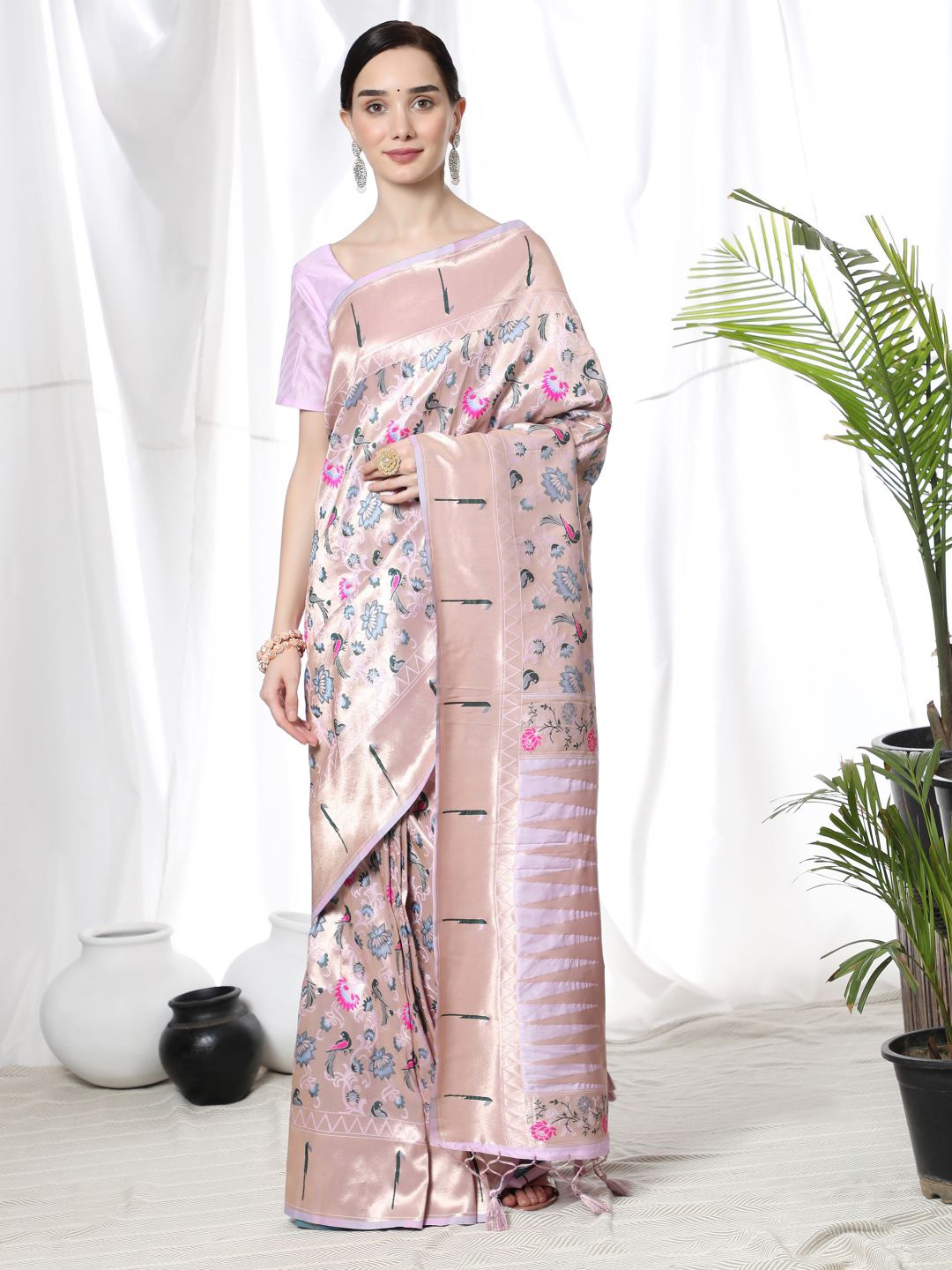 

VISHNU WEAVES Ethnic Motif Woven Design Zari Pure Silk Paithani Saree, Purple