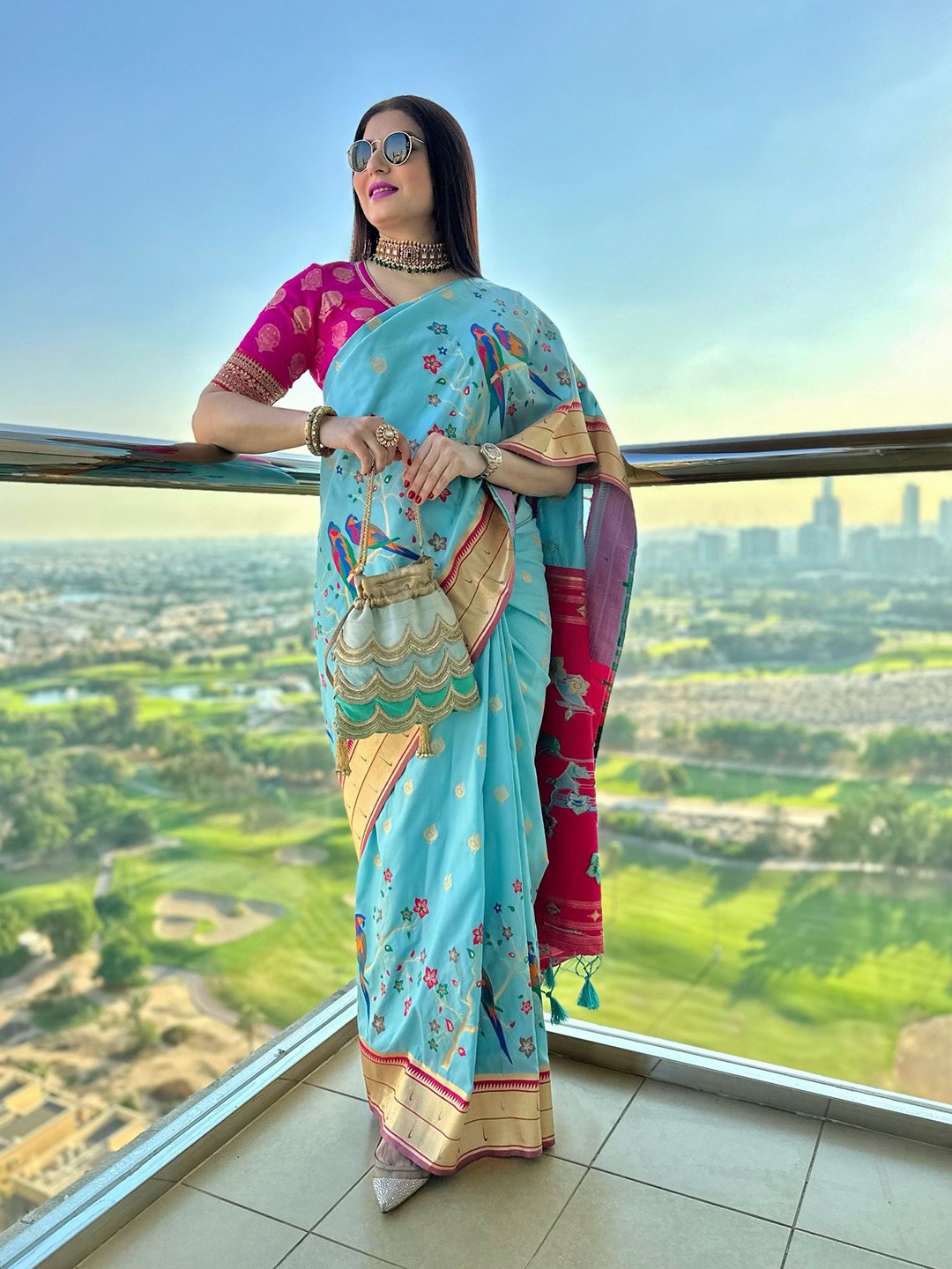 

VISHNU WEAVES Ethnic Motifs Woven Design Zari Pure Silk Paithani Saree, Turquoise blue