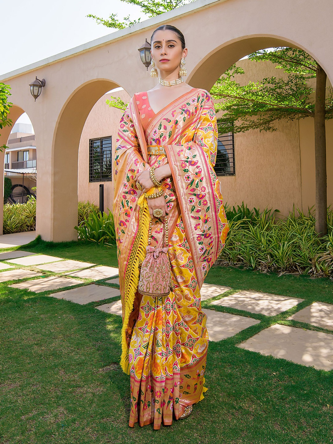 

VISHNU WEAVES Ethnic Motifs Zari Pure Silk Paithani Saree, Yellow