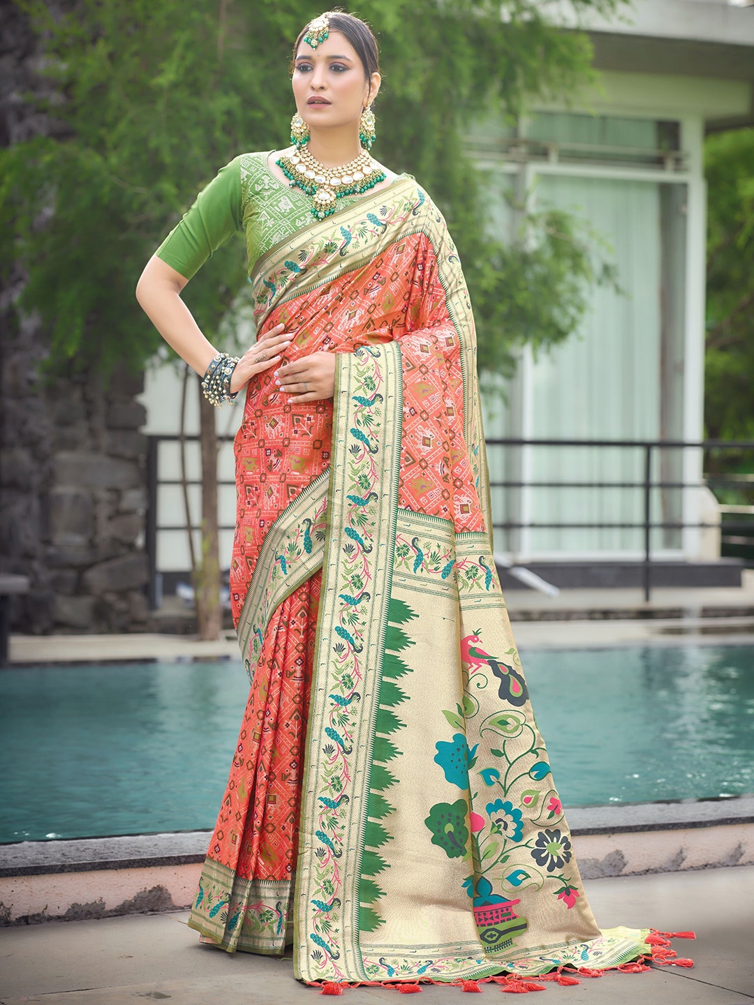 

VISHNU WEAVES Ethnic Motifs Woven Design Zari Pure Silk Patola Saree, Orange