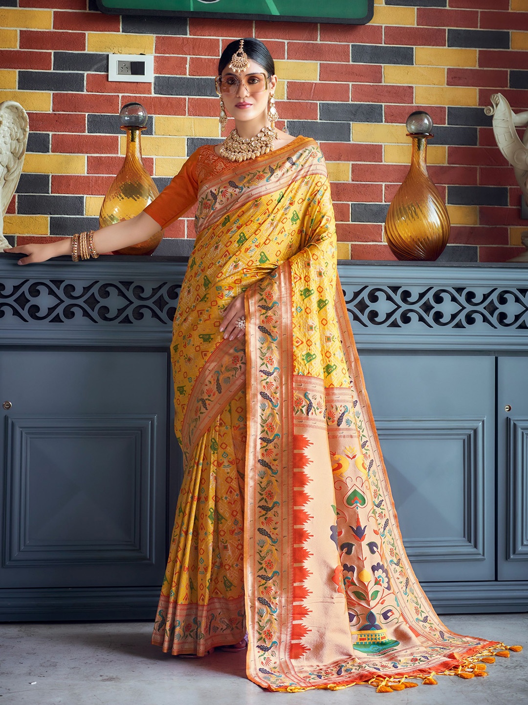 

VISHNU WEAVES Ethnic Motifs Woven Design Zari Detail Pure Silk Patola Saree, Yellow