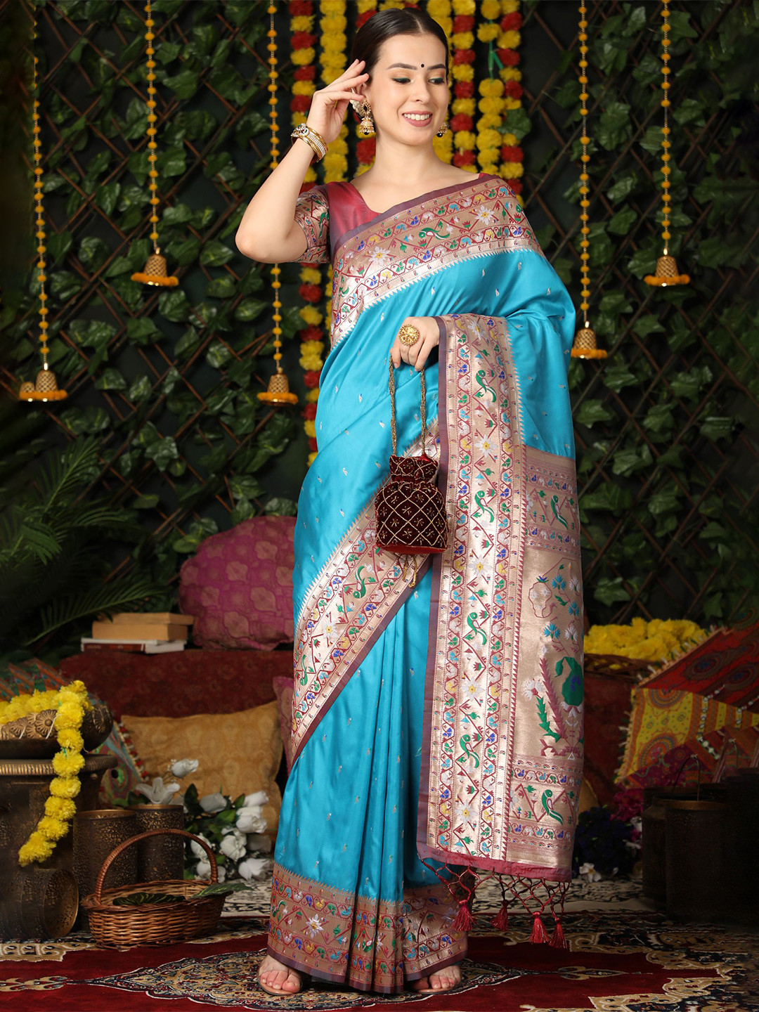 

VISHNU WEAVES Ethnic Motifs Woven Design Zari Pure Silk Paithani Saree, Turquoise blue