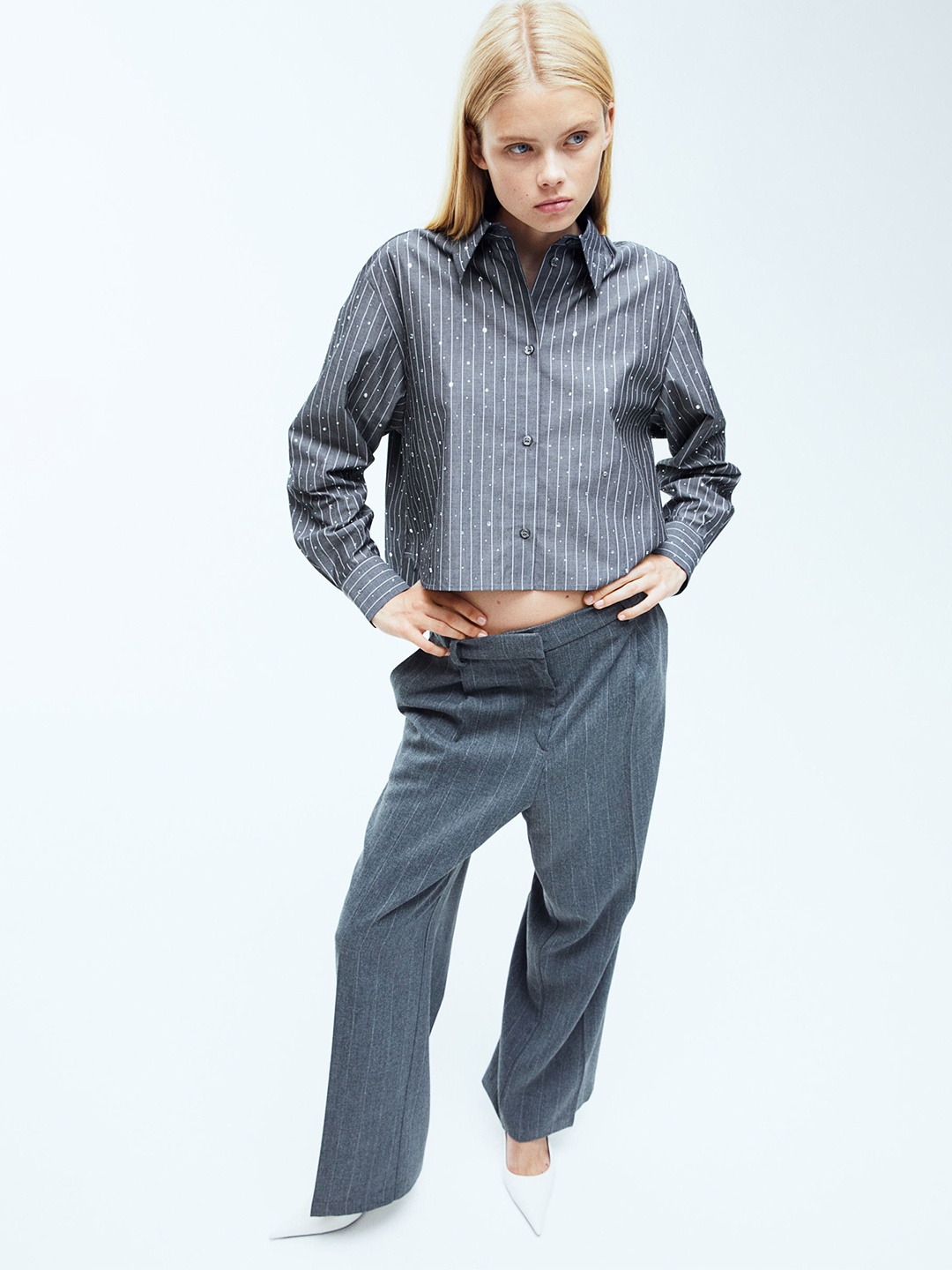 

H&M Pure Cotton Rhinestone-Embellished Shirt, Grey