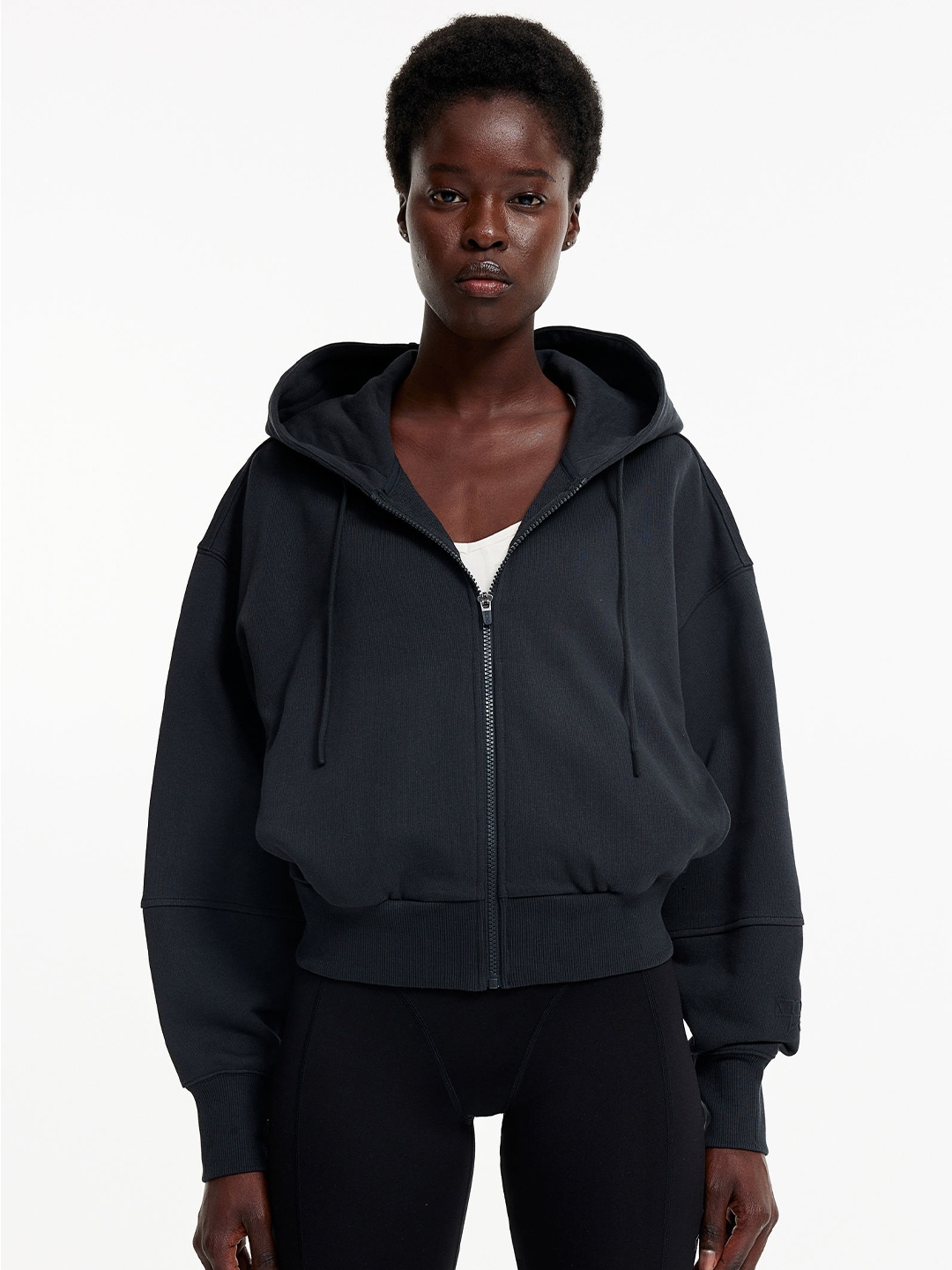 

H&M DryMove Zip-Through Oversized Cropped Pure Cotton Sports Hoodie, Black