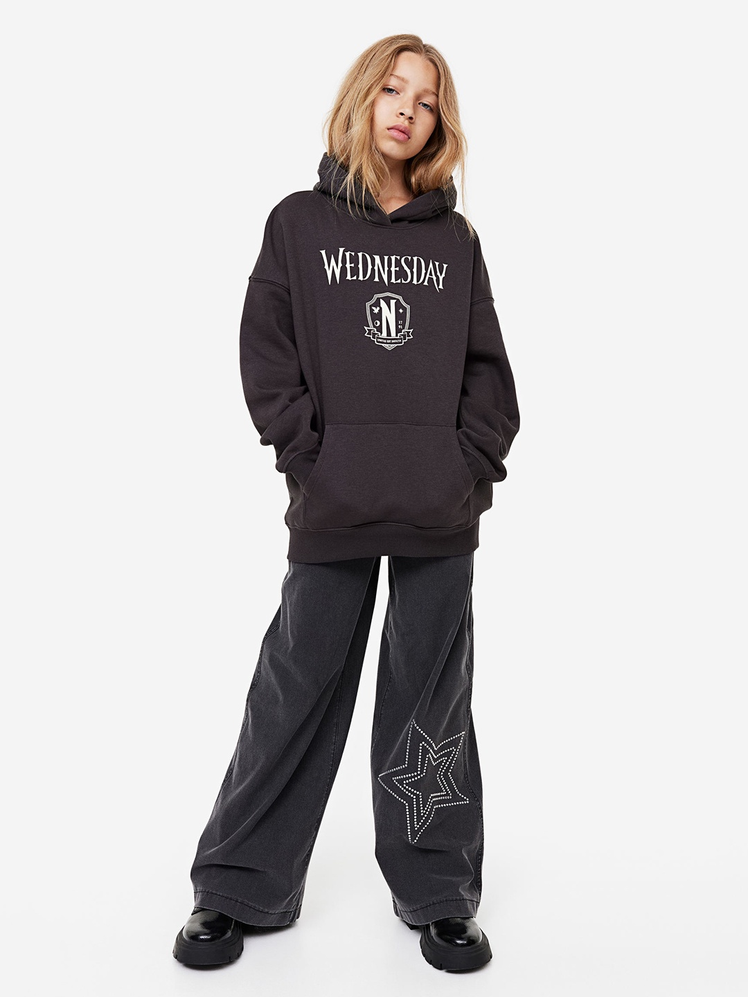 

H&M Girls Oversized Printed Hoodie, Charcoal