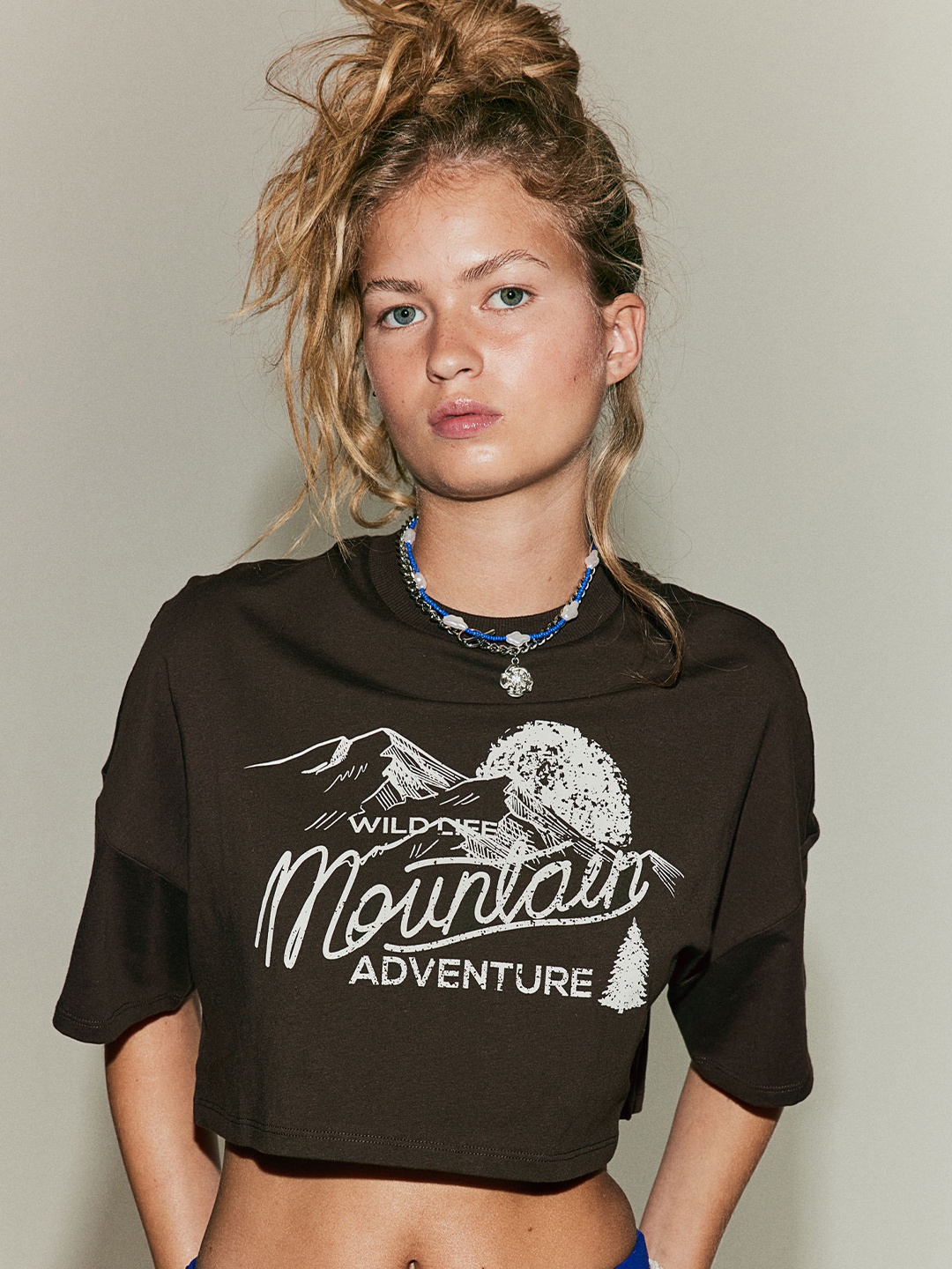 

H&M Cropped Cotton T-Shirt, Brown