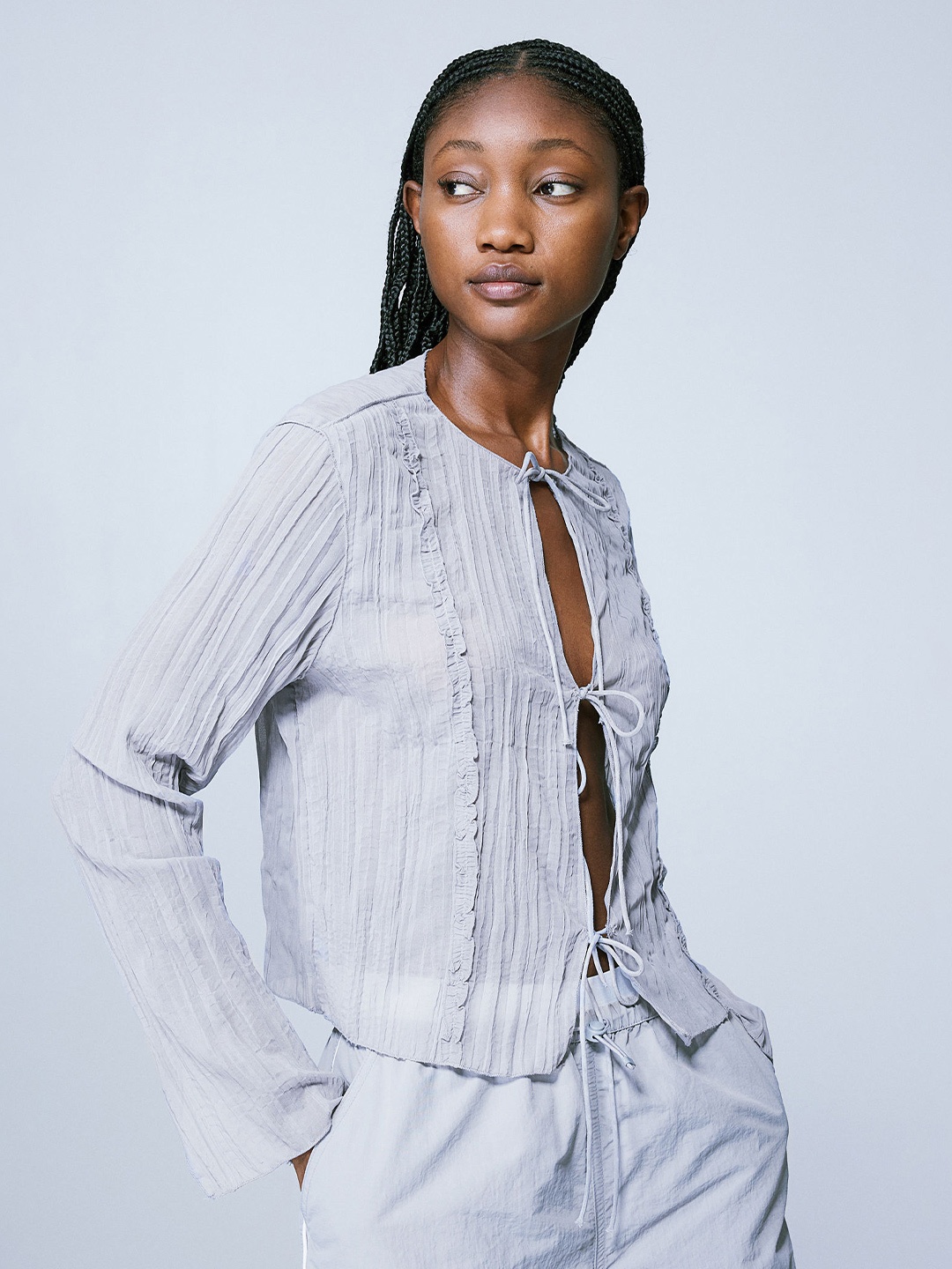 

H&M Sheer Tie-Front Top, Grey