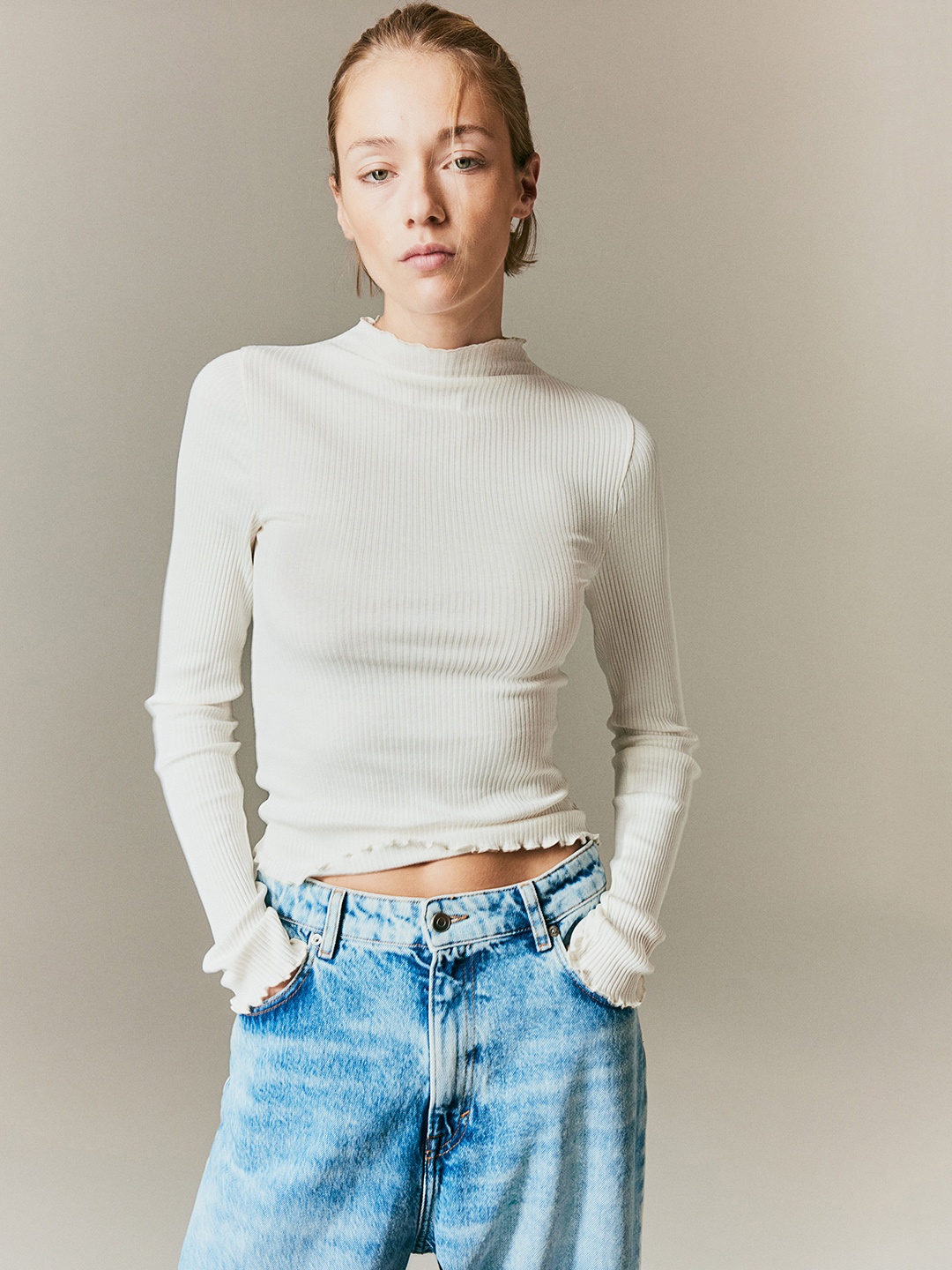 

H&M Overlock-Detail Ribbed Top, White