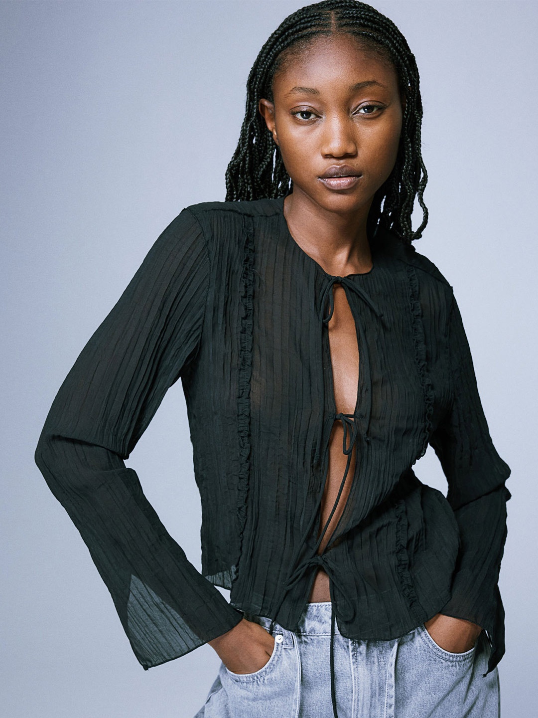 

H&M Sheer Tie-Front Top, Black