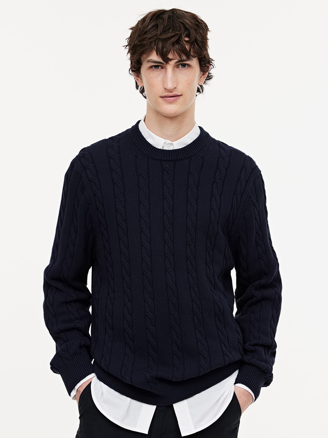 

H&M Pure Cotton Regular Fit Cable-Knit Jumper, Navy blue