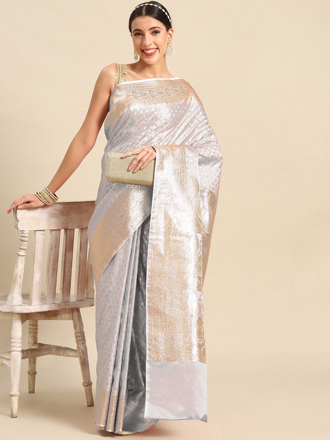 

Chhabra 555 Woven Design Zari Sarees, Grey