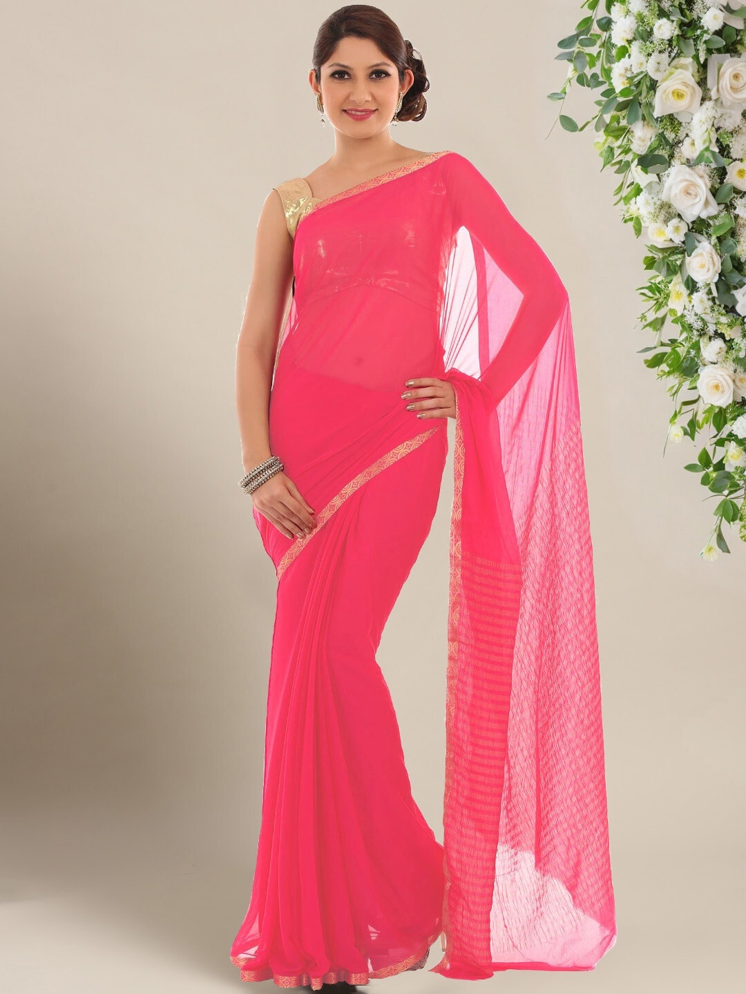 

Chhabra 555 Pink Woven Design Border Zari Poly Chiffon Sarees