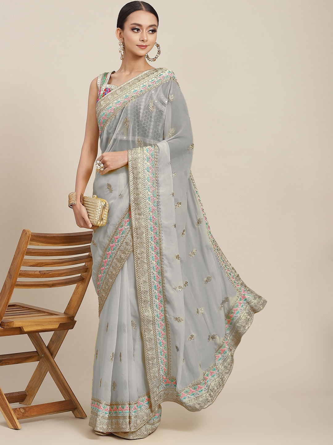 

Chhabra 555 Grey Embellished Beads and Stones Detailed Poly Georgette Sarees