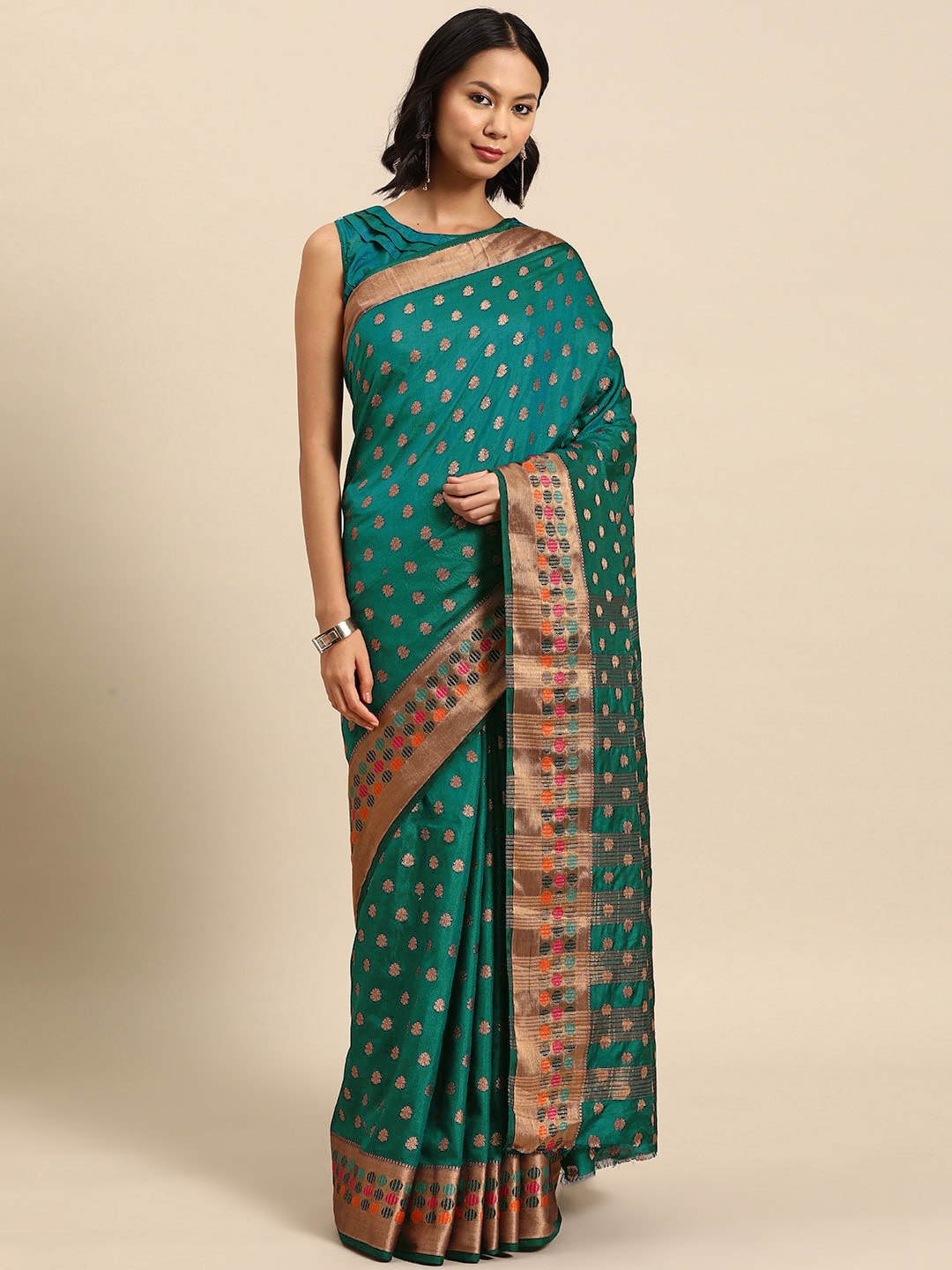 

Chhabra 555 Teal Ethnic Motifs Woven Design Banarasi Sarees