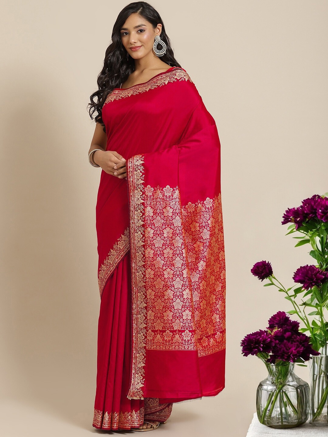 

Chhabra 555 Red Floral Woven Design Art Silk Banarasi Saree