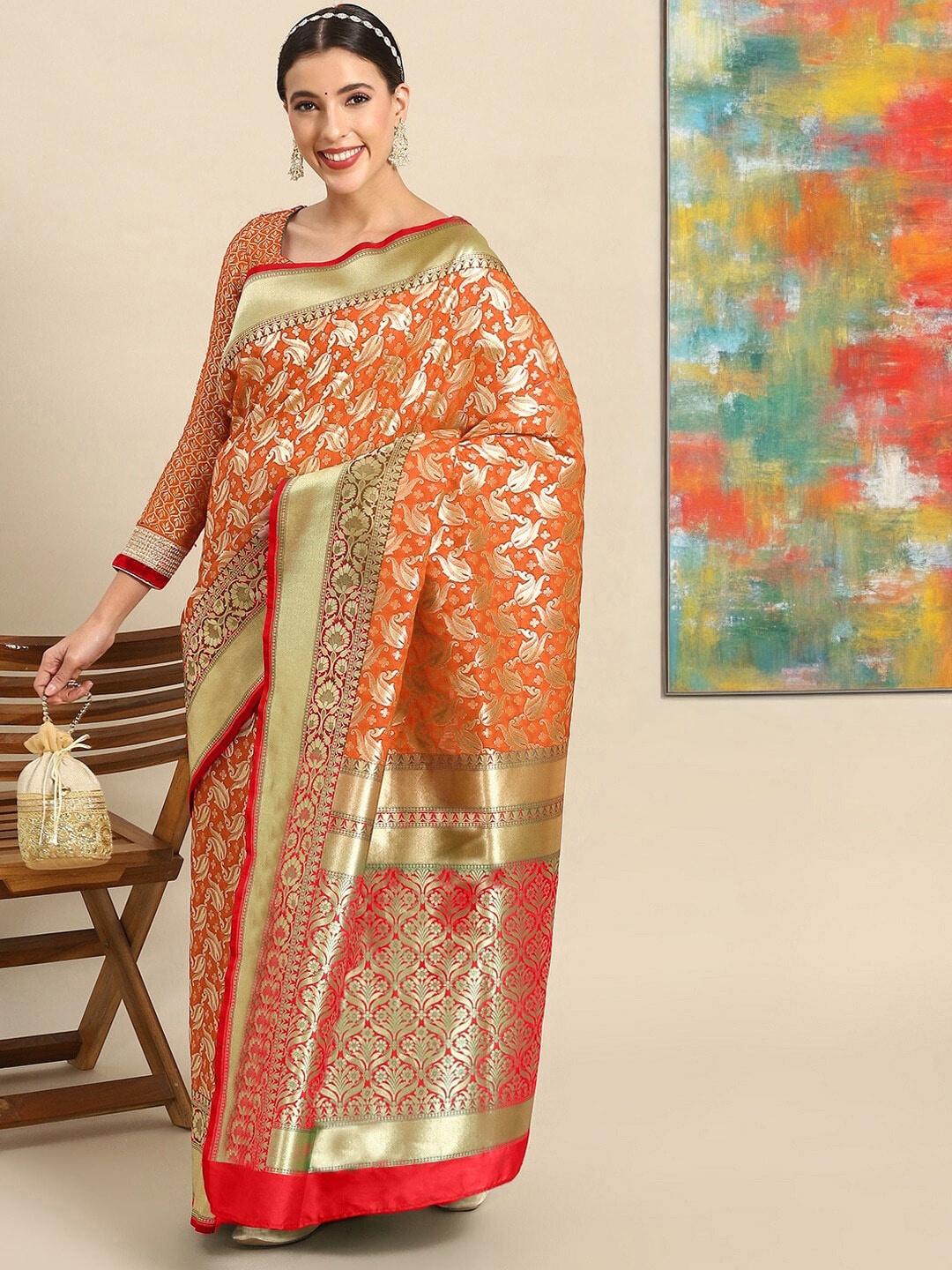 

Chhabra 555 Woven Design Zari Sarees, Orange