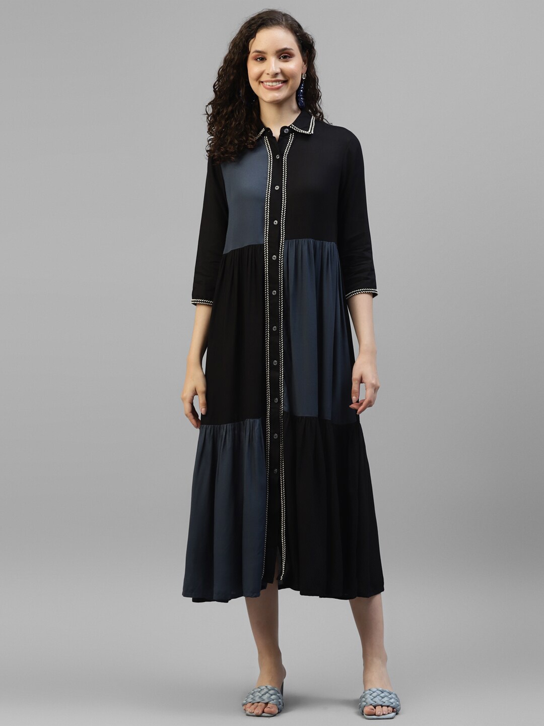 

DEEBACO Shirt Collar Midi Shirt Dress, Black