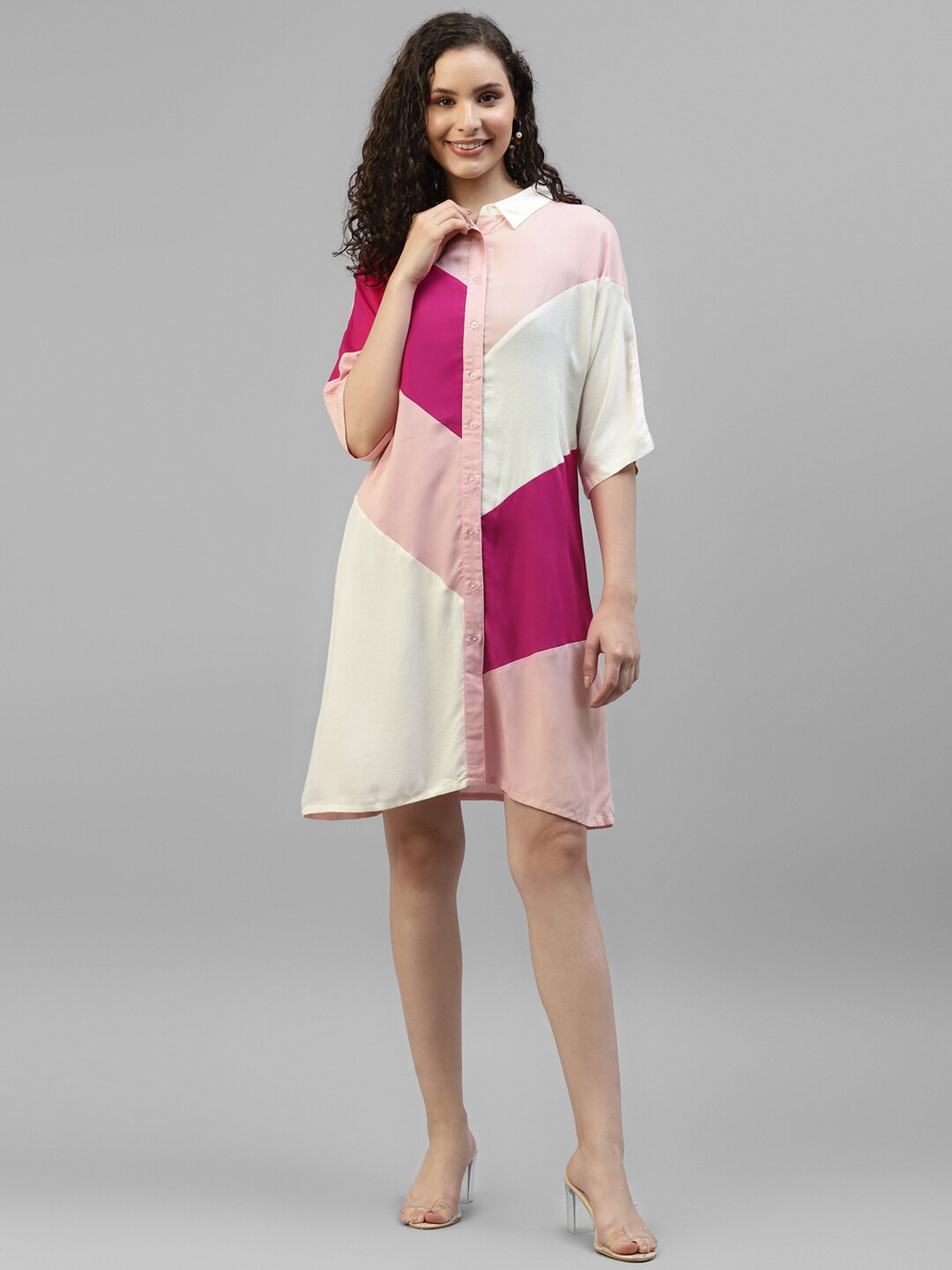 

DEEBACO Colourblocked Shirt Collar Shirt Dress, Beige