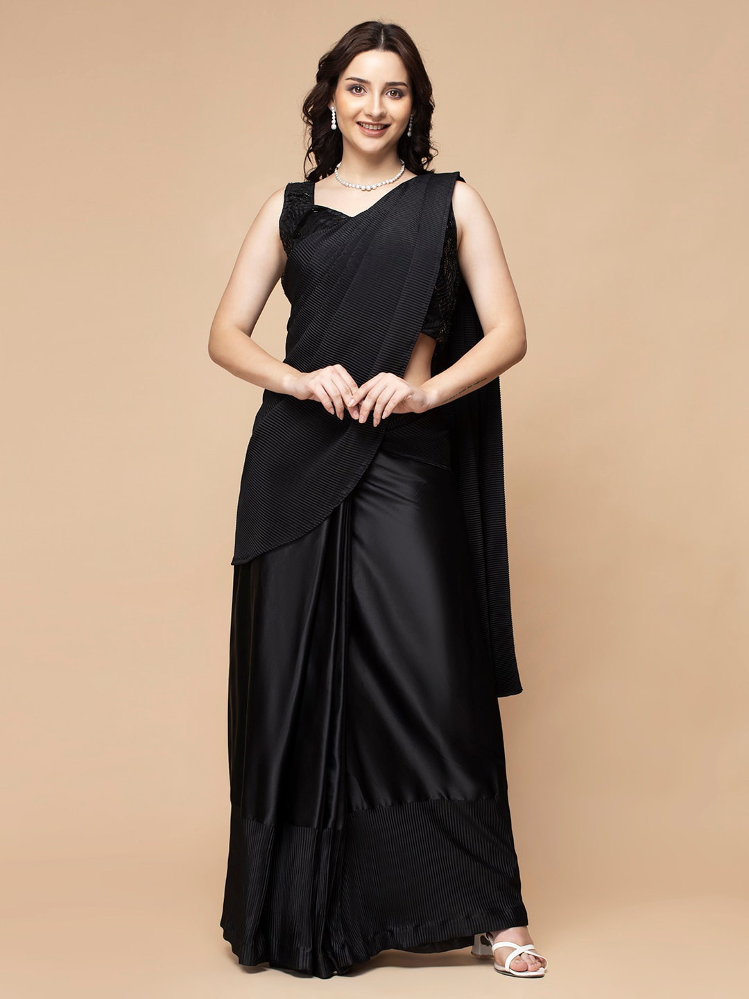 

MILU MADAN Beads and Stones Satin Saree, Black